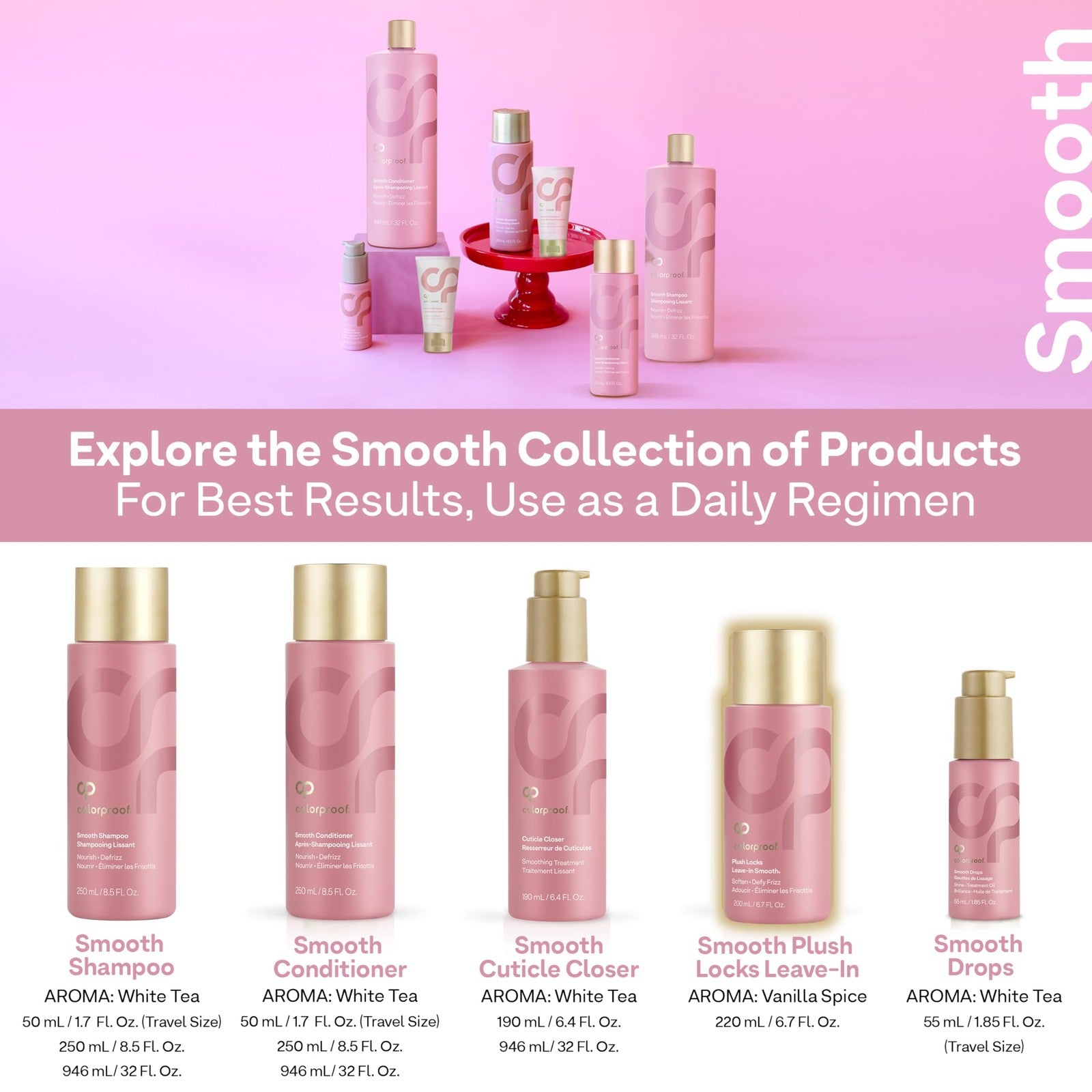 ColorProof Plush Locks Leave-in Smoothing Lotion for anti-frizz and hair protection, shown in a sleek bottle with smooth hair.