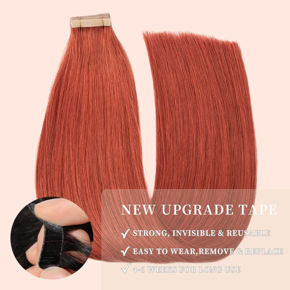 OBHD Remy human hair tape-in extensions, 20pcs 16-inch straight skin weft in shade 350#, showcasing sleek, natural-looking hair extensions.