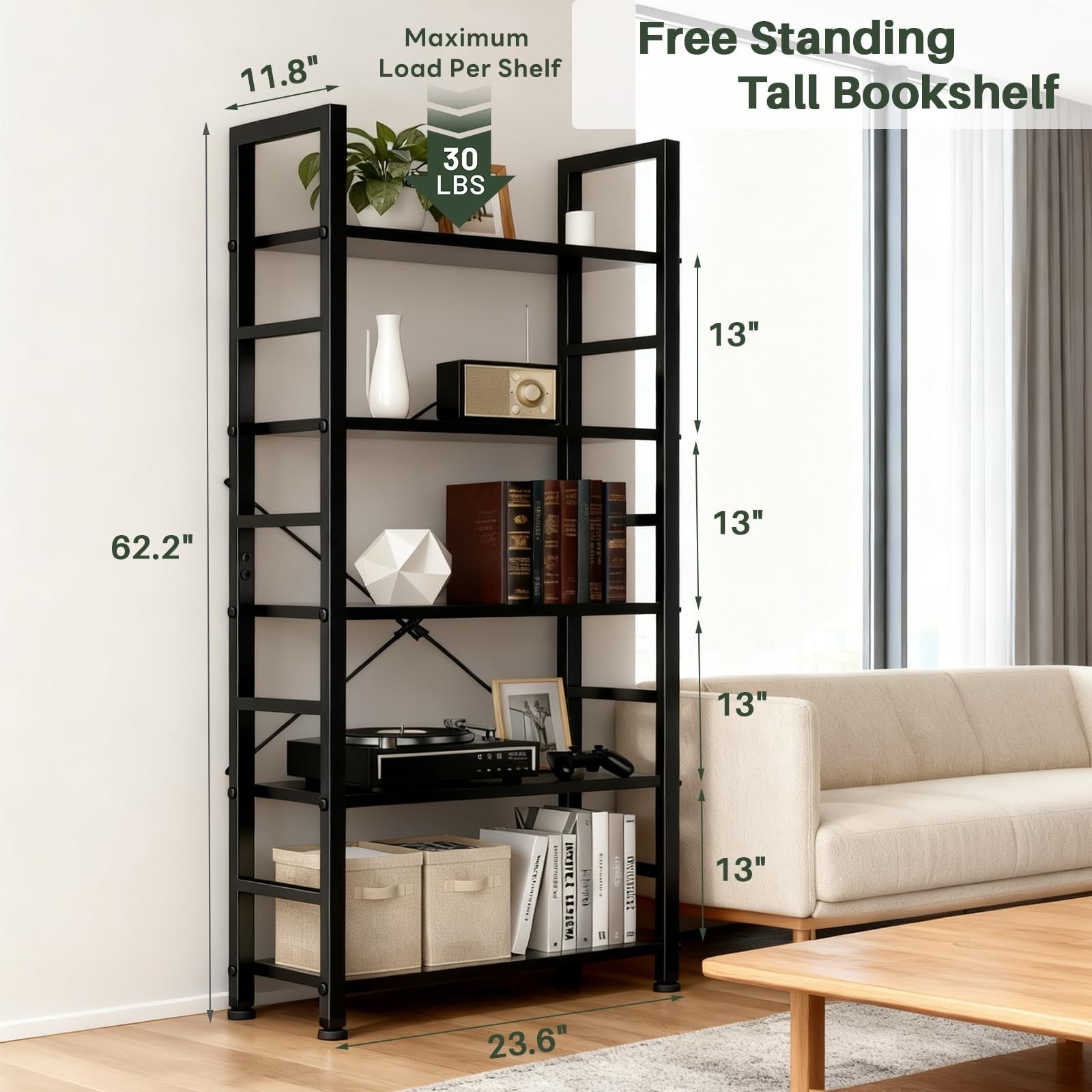 SageNest 5-tier wooden bookshelf with open metal shelves for stylish book storage and organization in living room or office.