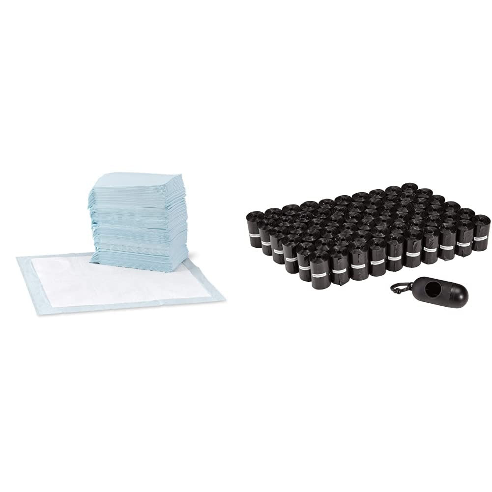 Amazon Basics dog waste bags and training pads, 10-pack, with biodegradable bags and absorbent training pads for pet cleanup.