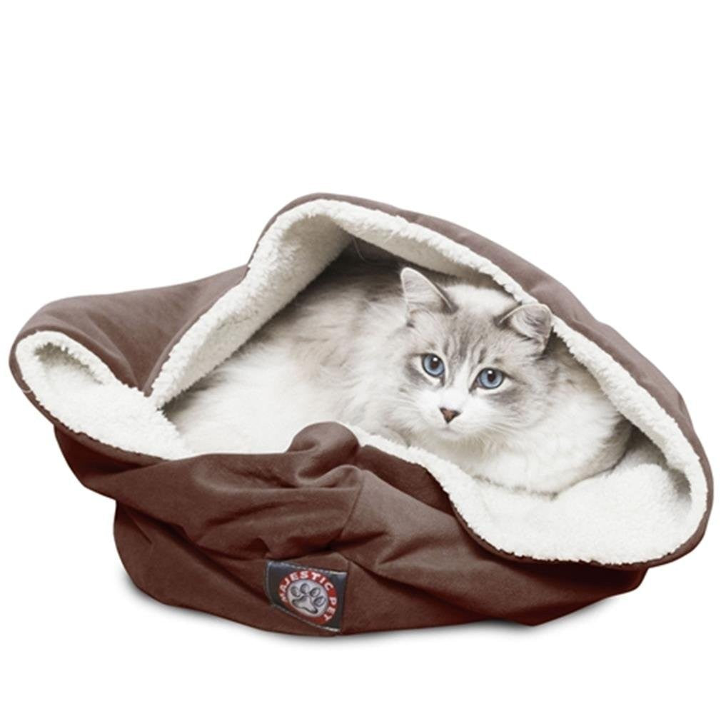 Majestic Pet 17-inch chocolate suede micro-velvet cat bed with washable design, cozy burrow-style for comfortable feline rest