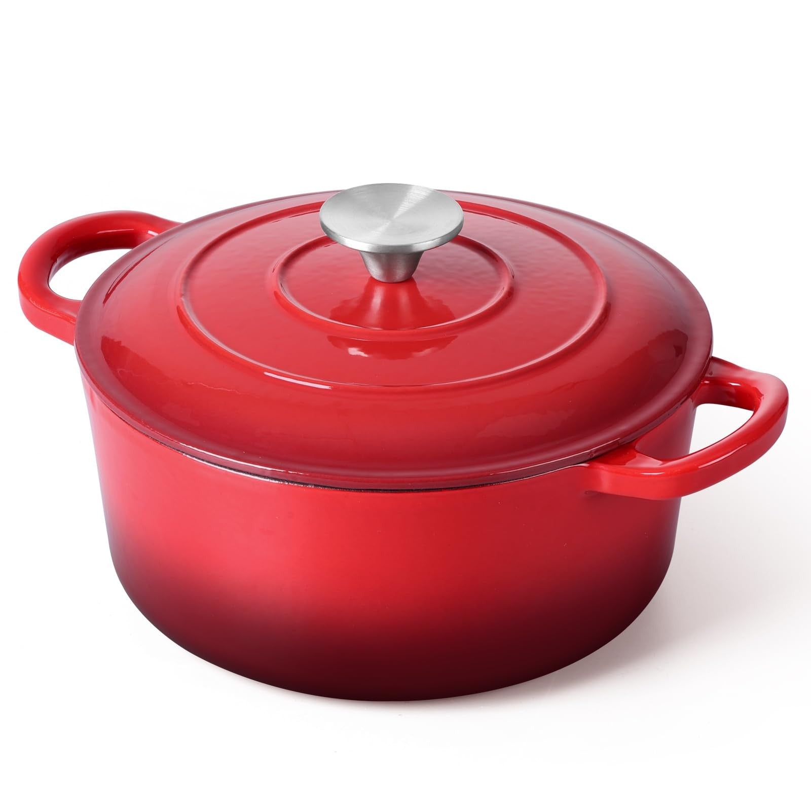 E-far 3 Qt enameled cast iron Dutch oven with lid, small round nonstick interior, suitable for versatile cooking.