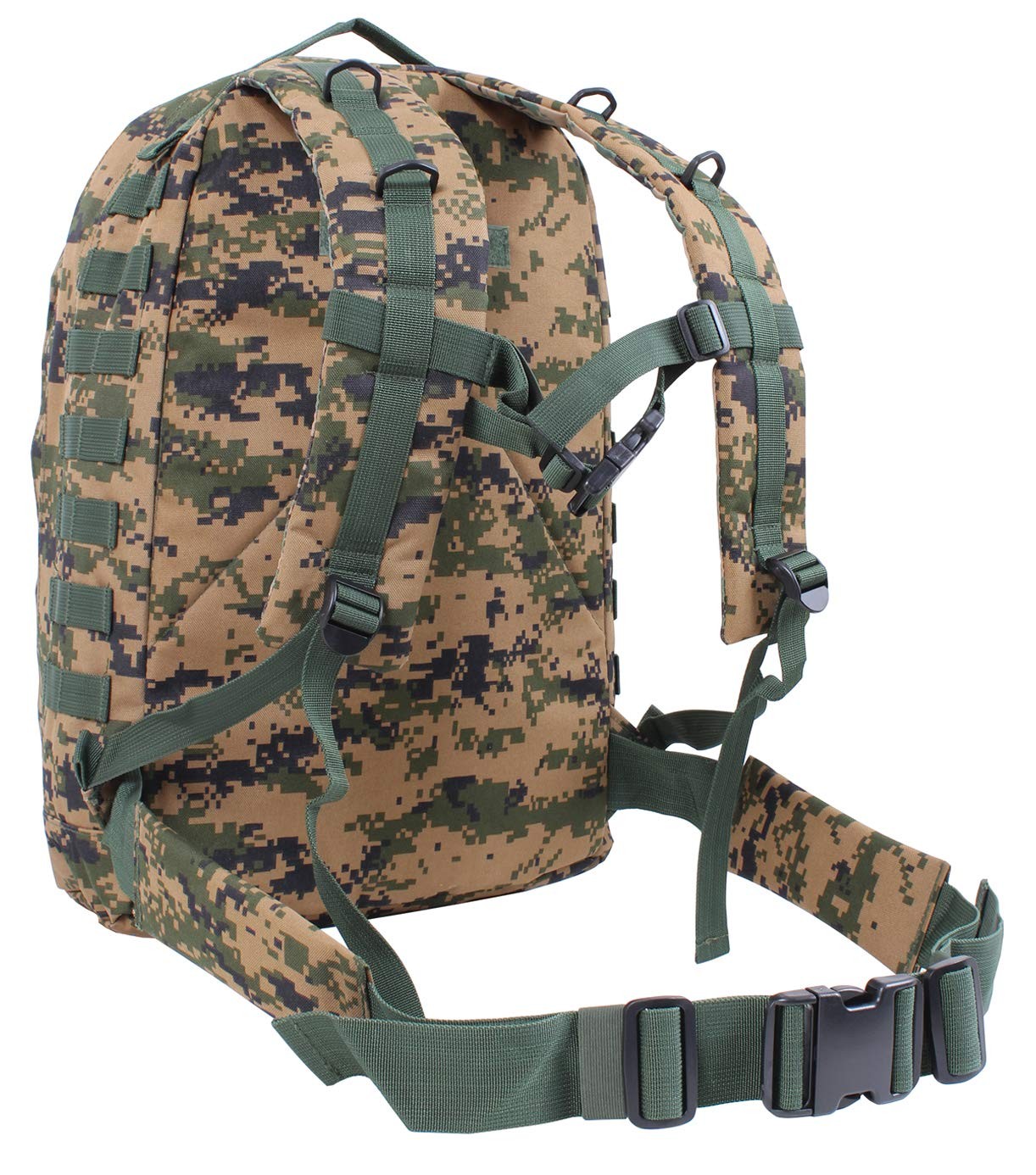 Rothco Molle II 3-Day Deployment Pack shown with multiple compartments, durable nylon construction, and adjustable straps for outdoor use.