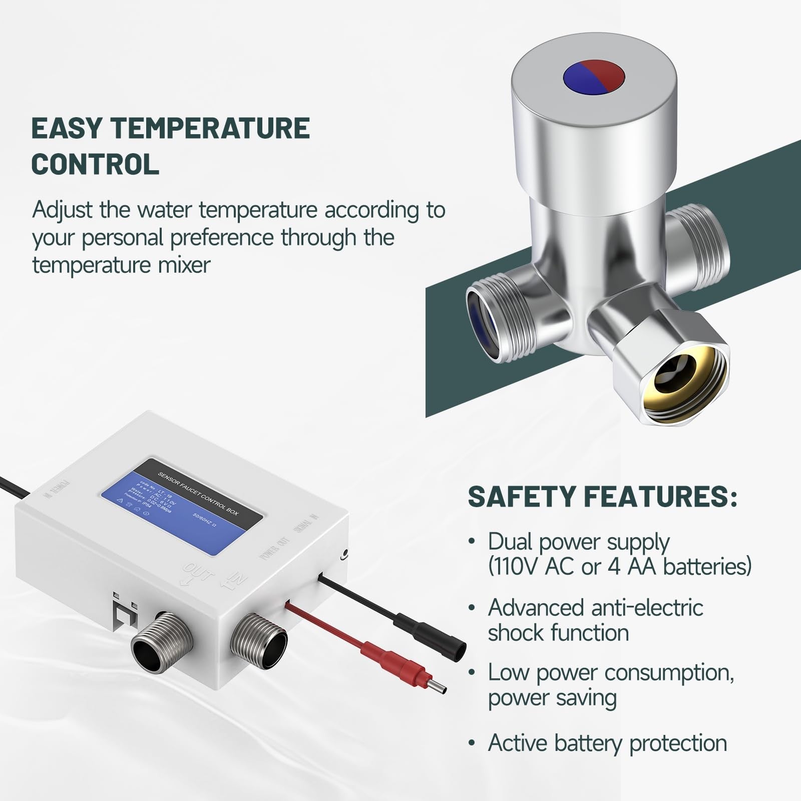 Greenspring touchless bathroom sink faucet with automatic sensor, made for commercial use, featuring AC/DC power.