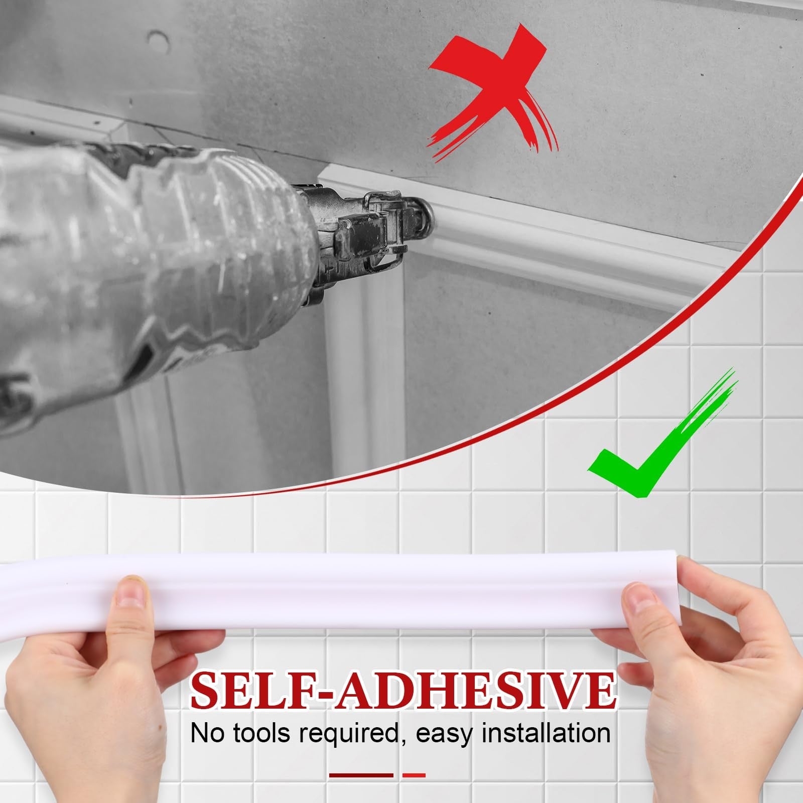 Innconee 32.8ft flexible peel and stick molding trim for walls and baseboards, shown in a home interior setting.