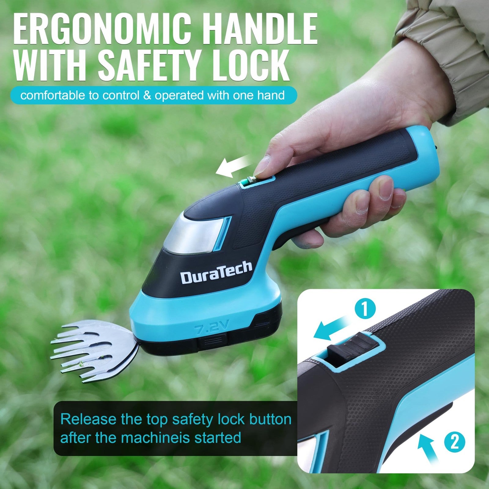 DURATECH cordless hedge trimmer and grass trimmer in hand, showing its compact 7.2V rechargeable 2-in-1 design for garden trimming.
