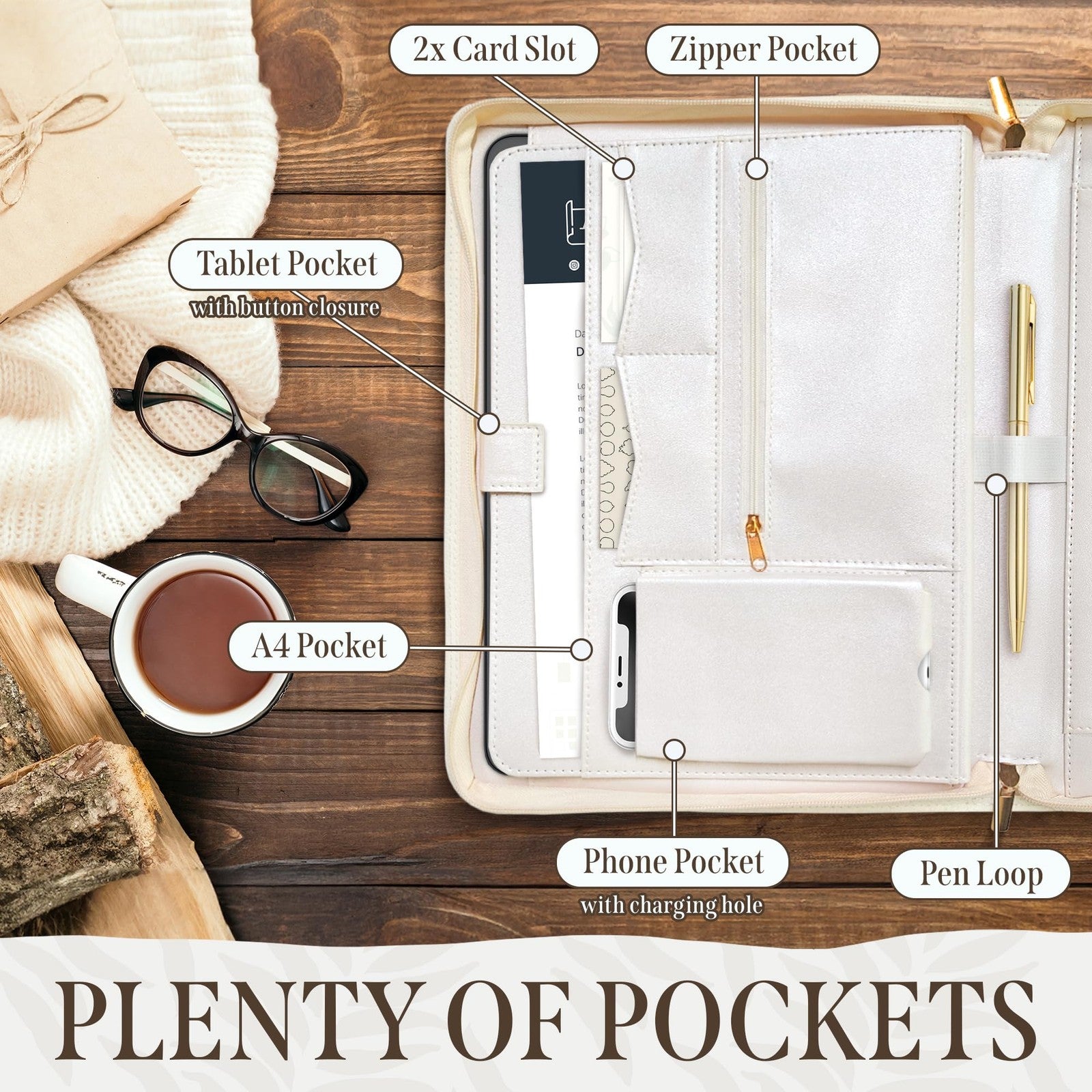 Beige leather women's padfolio with zipper binder, organizer, and design zip for professional use.