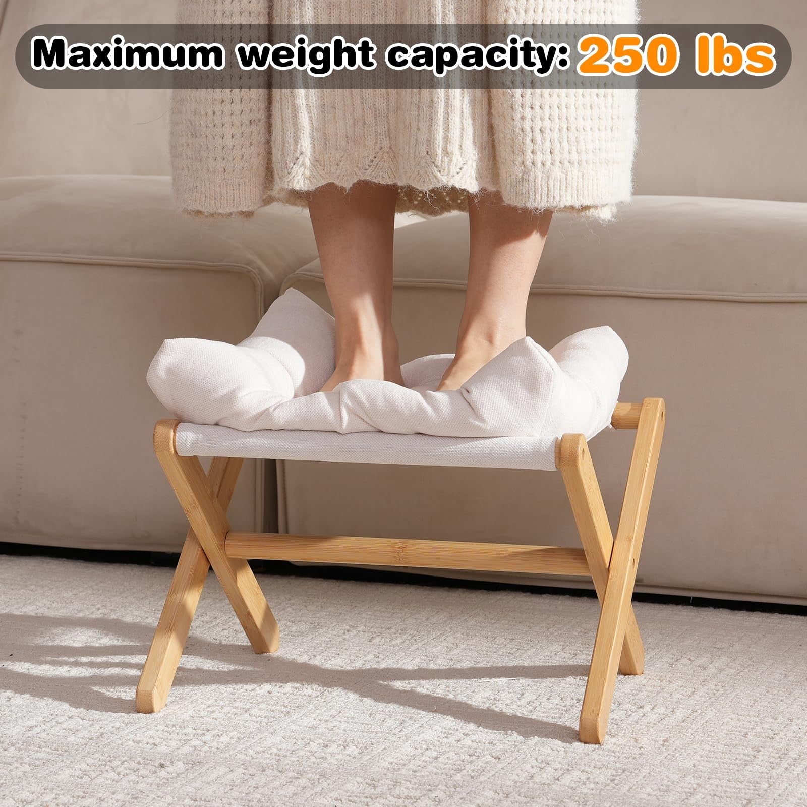 Baveke bamboo foldable ottoman foot rest with U-shaped design, small portable foot stool for comfortable seating or resting.