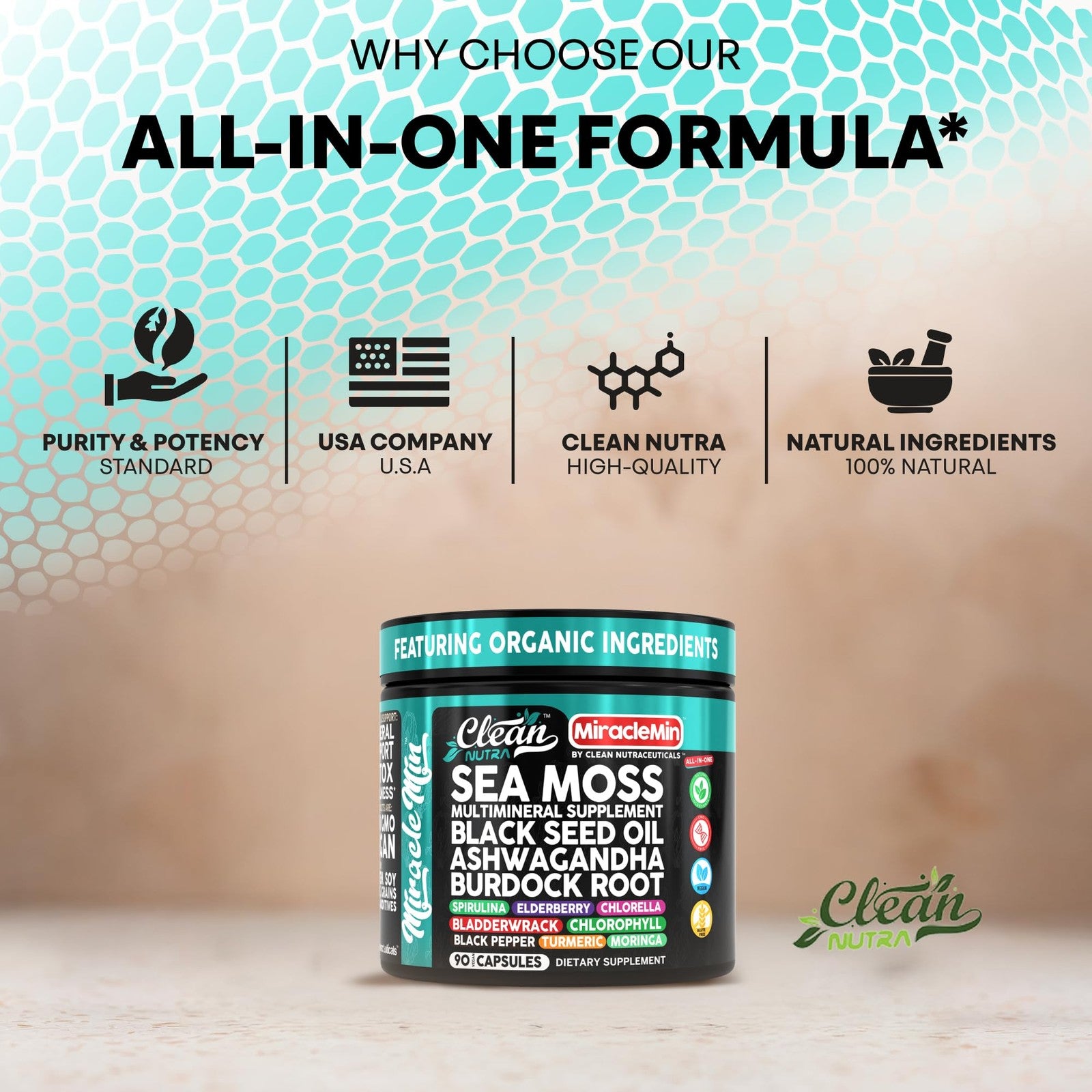 Clean Nutra Organic Sea Moss capsules with Ashwagandha, Black Seed Oil, and Burdock root, displayed in a clear container.