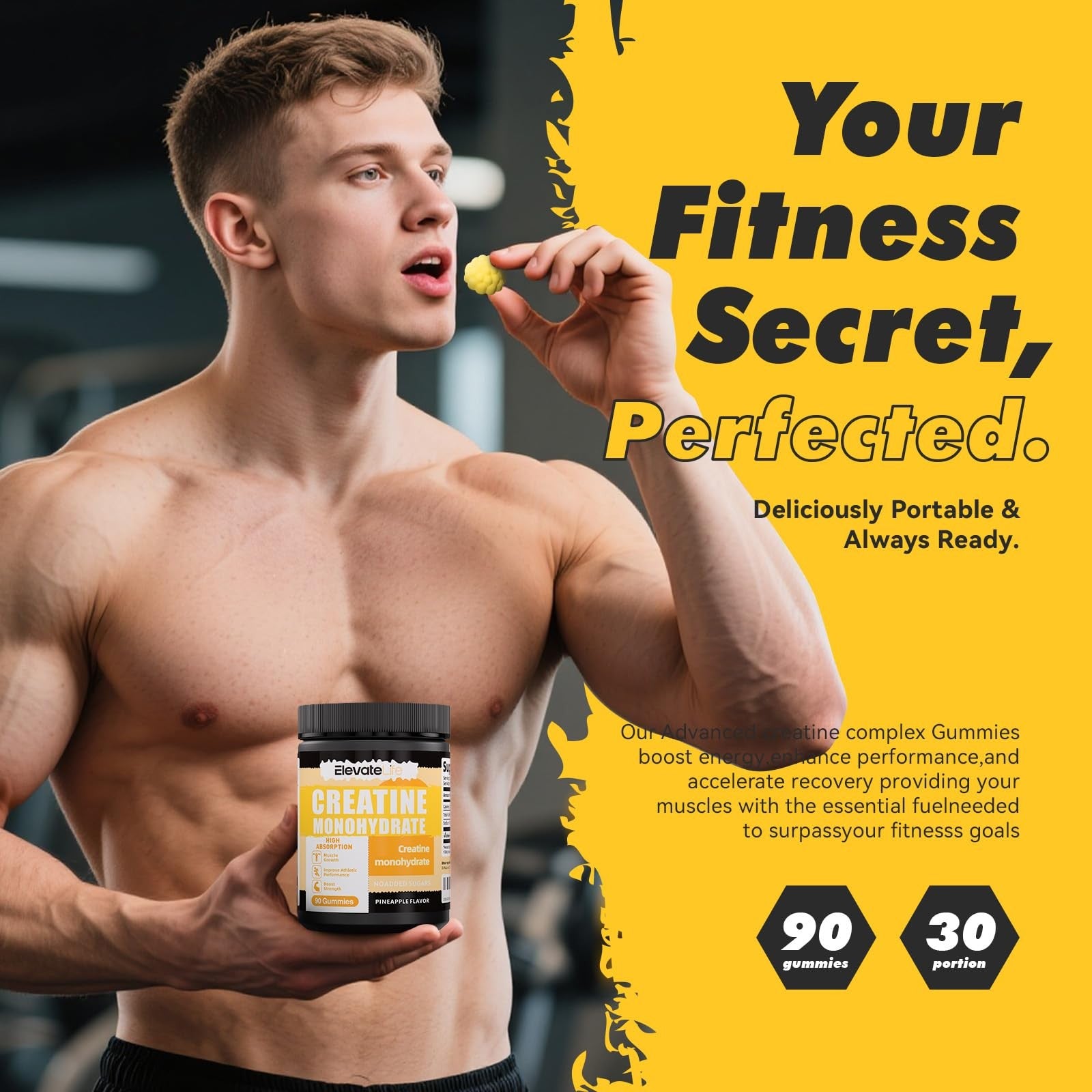 ElevateLife Creatine Monohydrate Gummies for men and women, 5000mg chewables with orange and berry flavors on a white background.