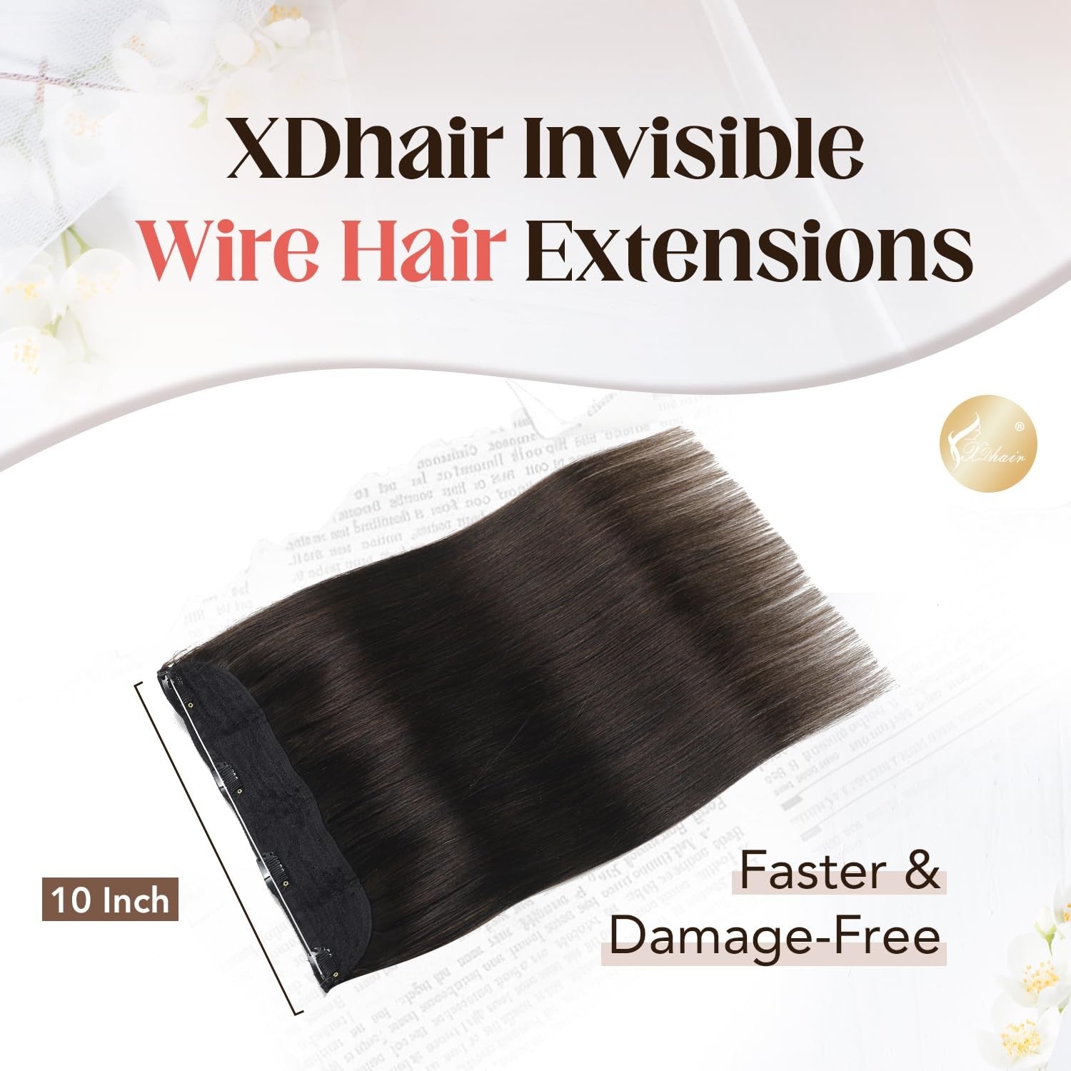 XDhair Invisible Wire Hair Extensions in natural black, real human hair, 70g, showing the seamless wire attachment and sleek texture.