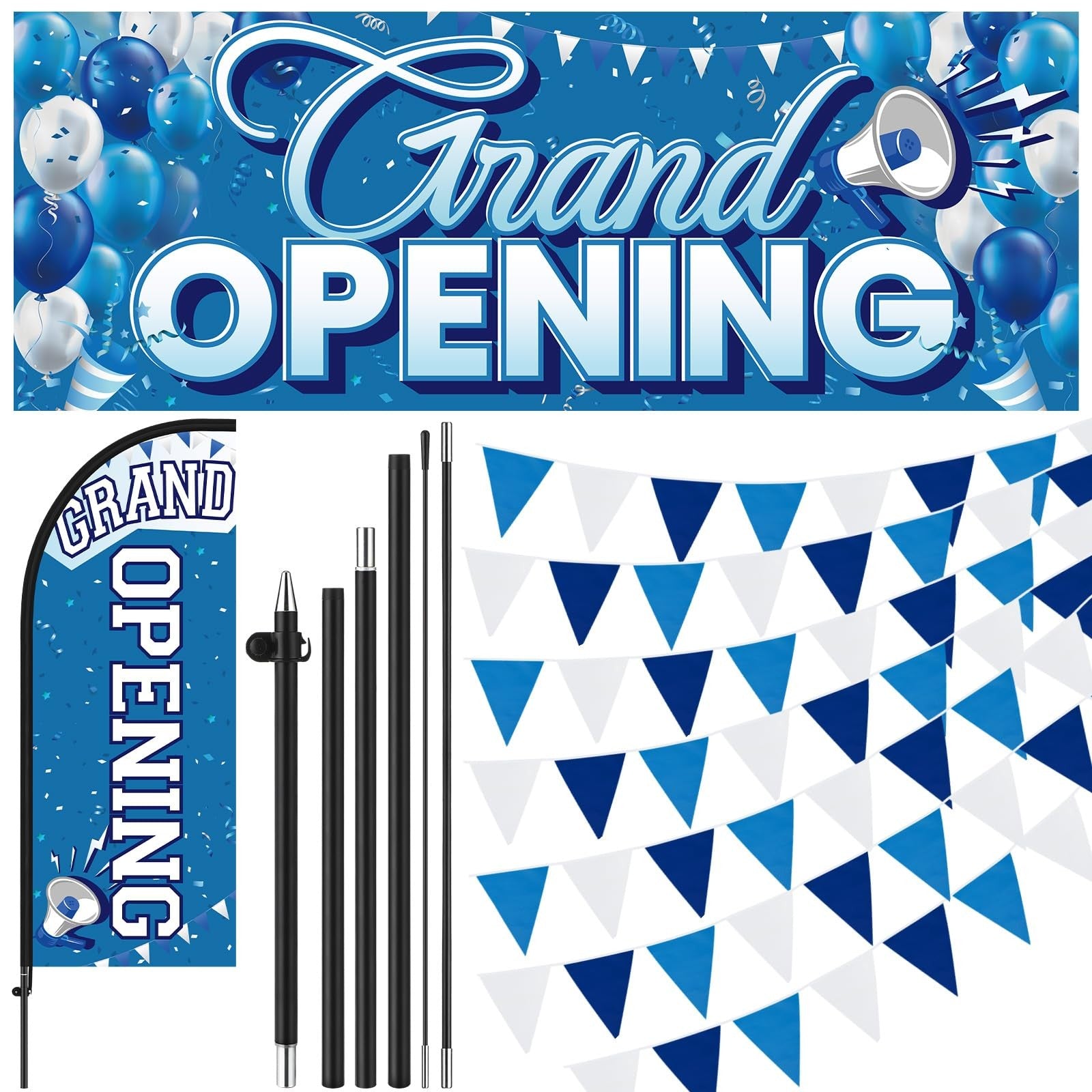 Blue and white Fanfanwin 7 ft grand opening feather flag for business, fluttering outdoors in the wind.