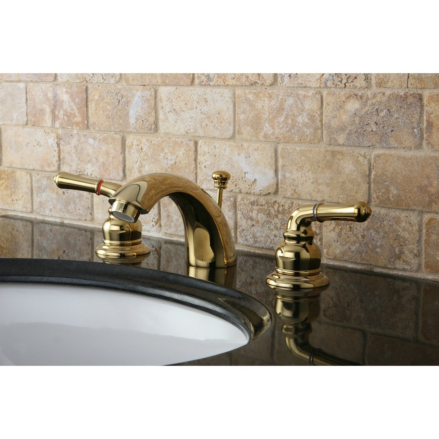 Kingston Brass Magellan II 4-8 inch mini widespread lavatory faucet with polished chrome finish, shown installed on a modern sink.