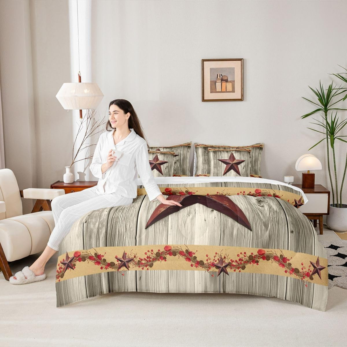 Erosebridal Western Texas Star 7-piece queen bedding set with retro farmhouse design, featuring star patterns and cozy bedding.