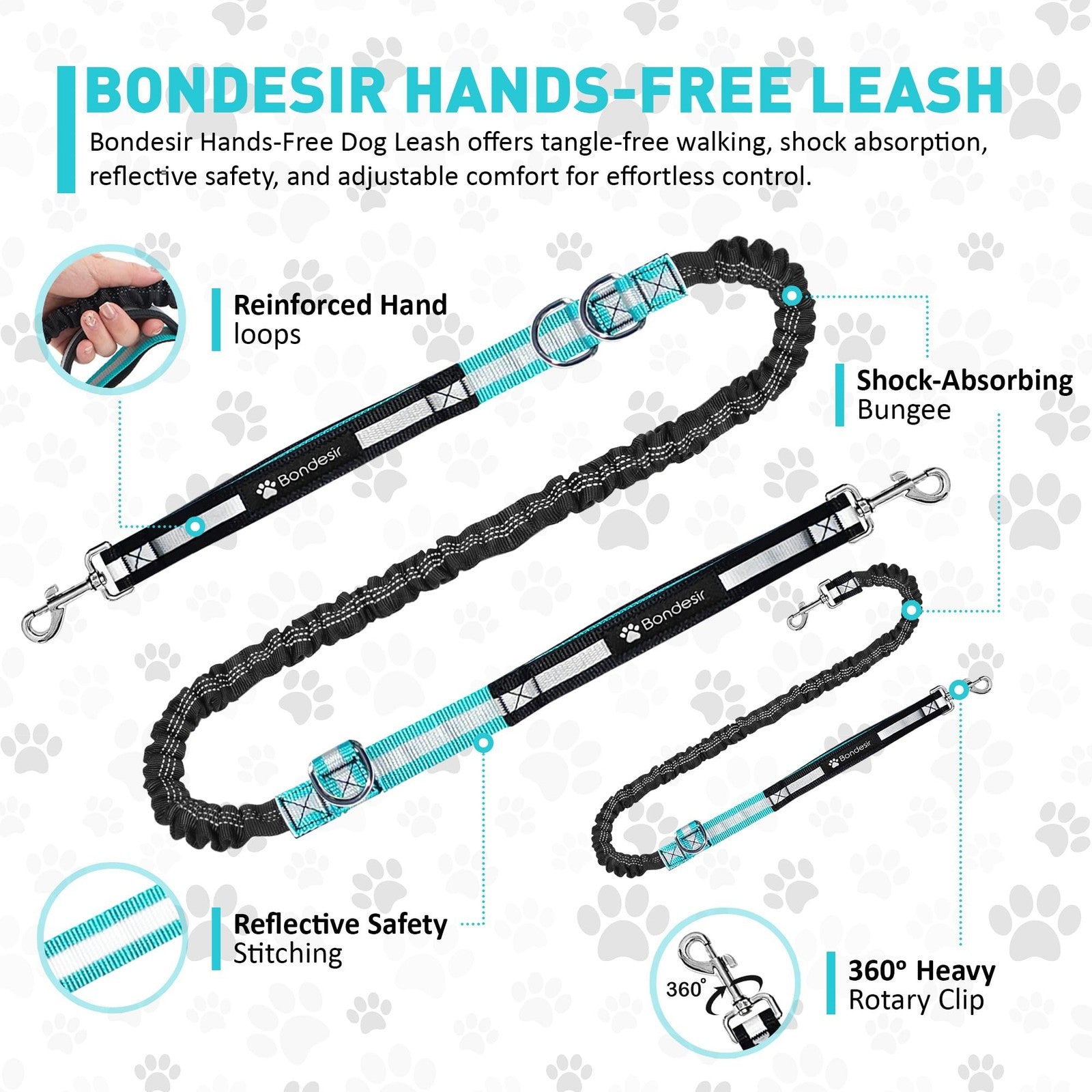 BONDESIR waist leash for double dog walking, shock-absorbing design for small, medium, and large dogs, shown in use.