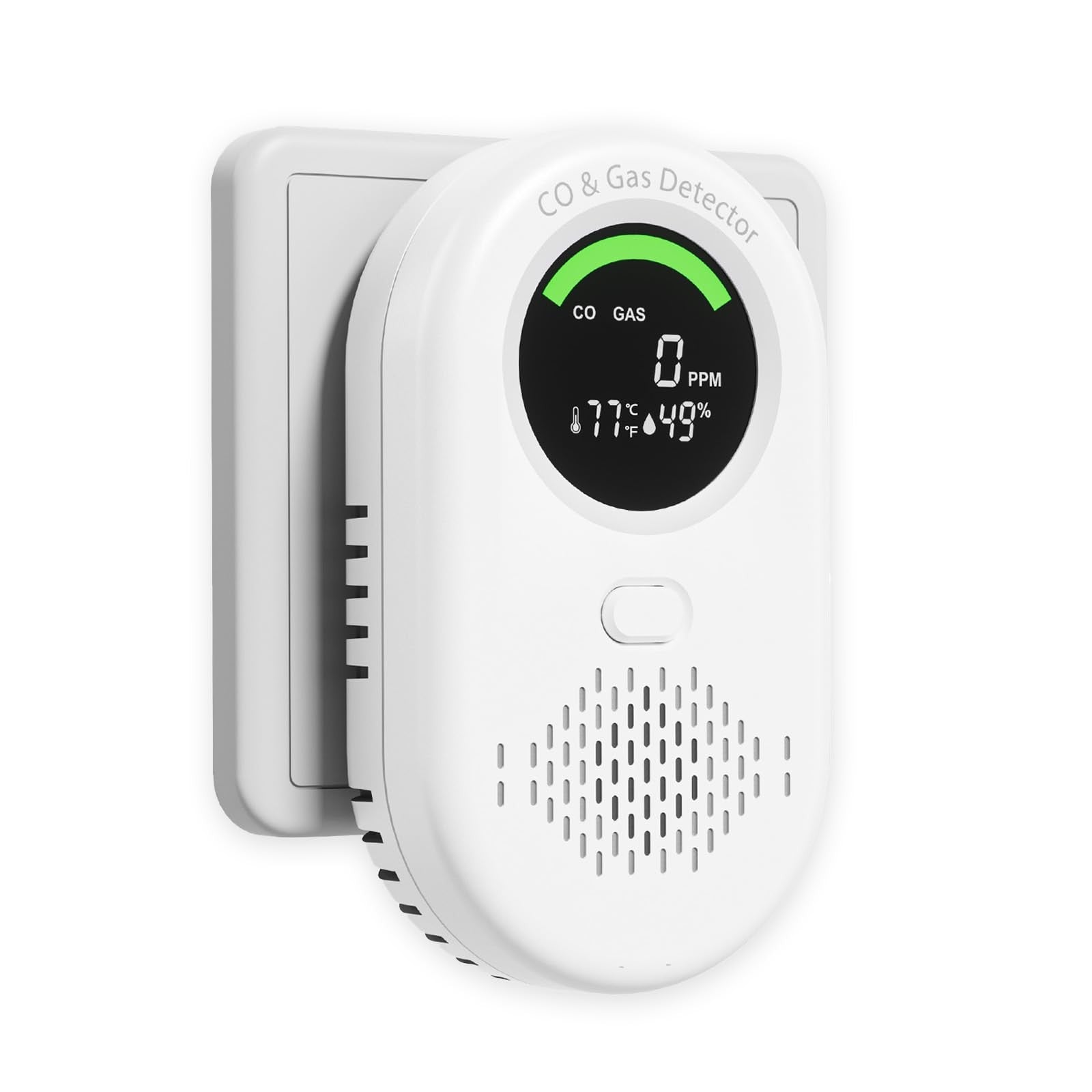 Zealme 4-in-1 Carbon Monoxide and Natural Gas Leak Detector with digital display and sensor for home safety.
