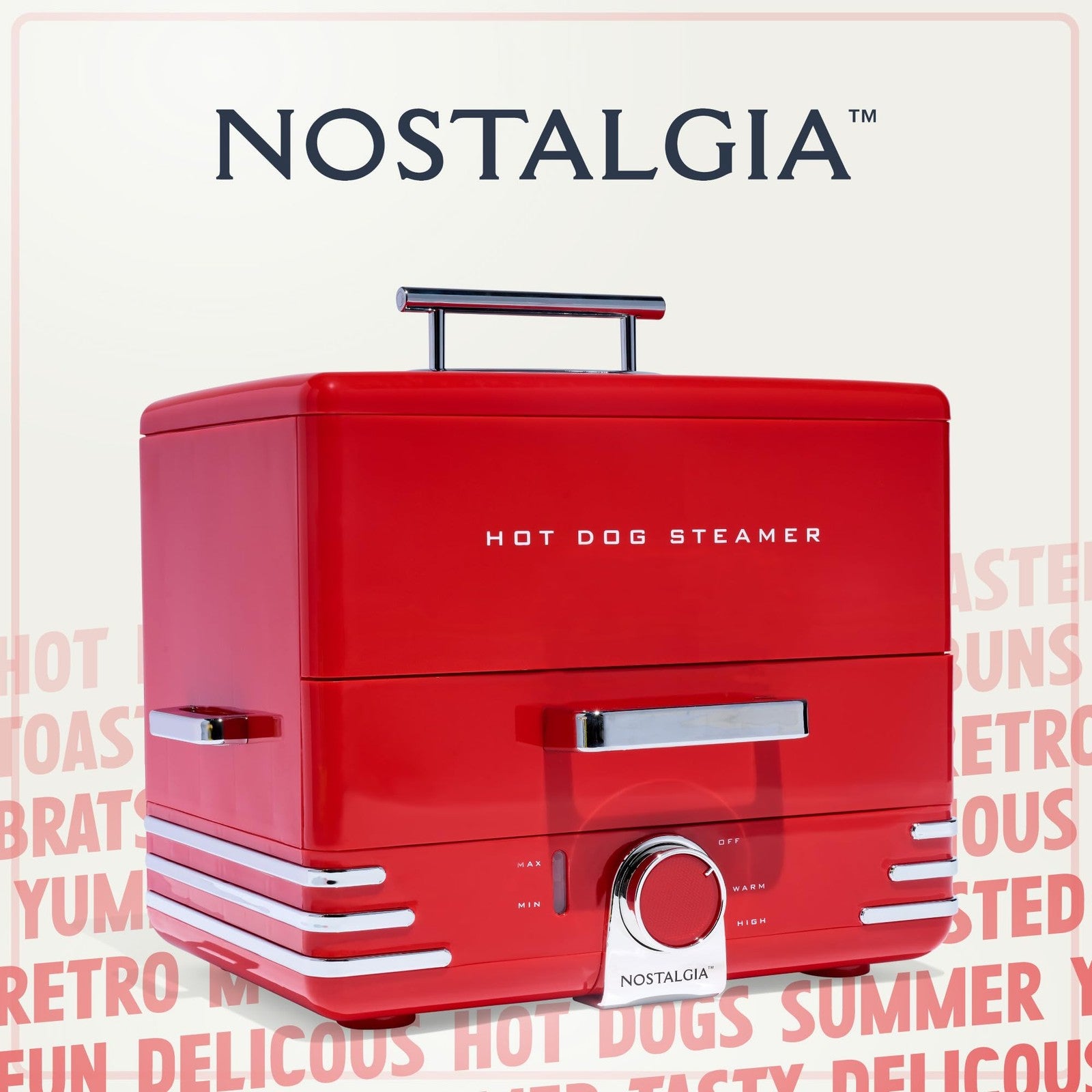 Nostalgia extra large diner-style hot dog steamer with capacity for 20 hot dogs and 6 buns, stainless steel construction.