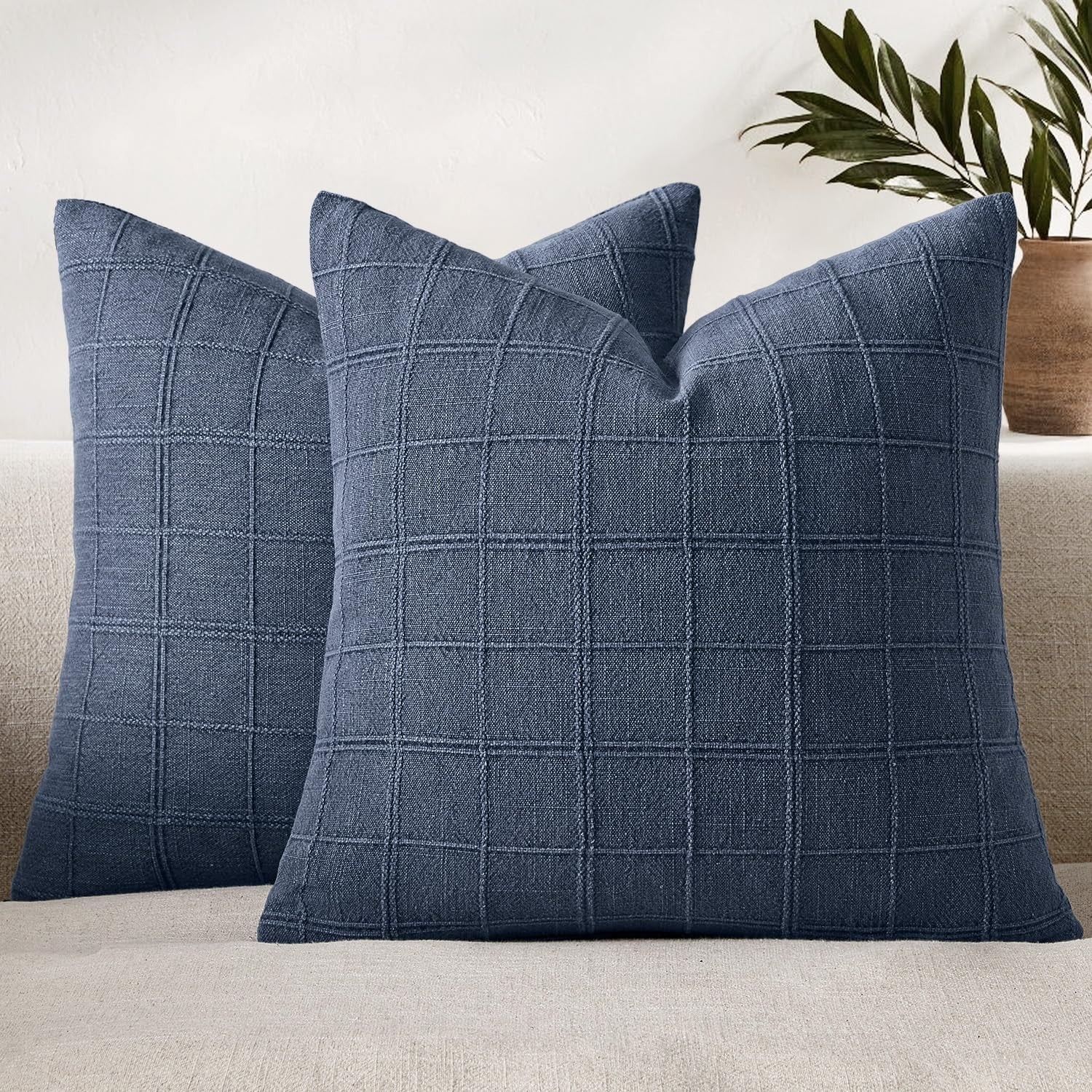 Dark blue linen check throw pillow cover by Woaboy, farmhouse modern boho vintage style, featuring a cozy woven pattern.