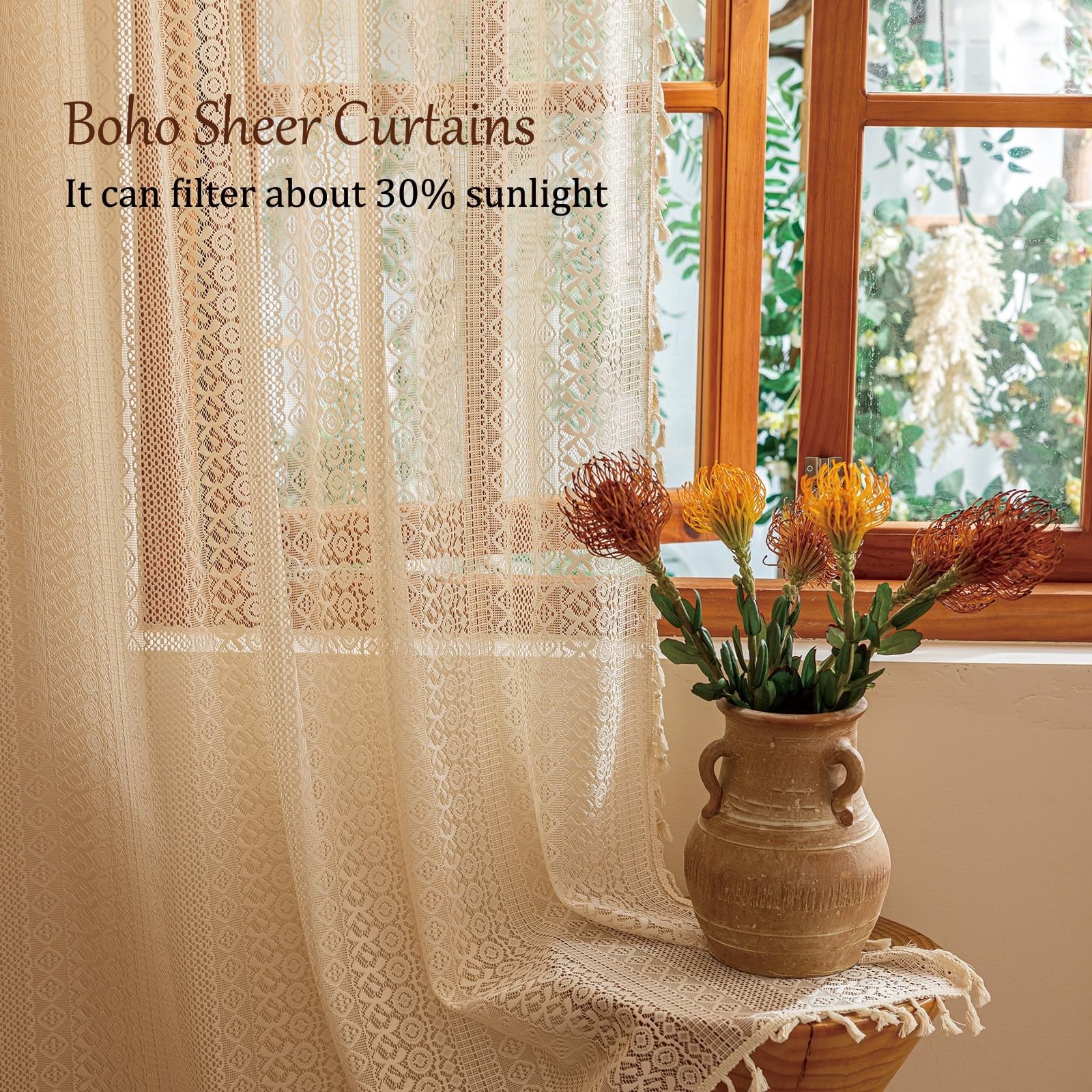 Beige boho vintage lace curtains from Sutuo Home, 108 inches long, designed for dining room window decor.