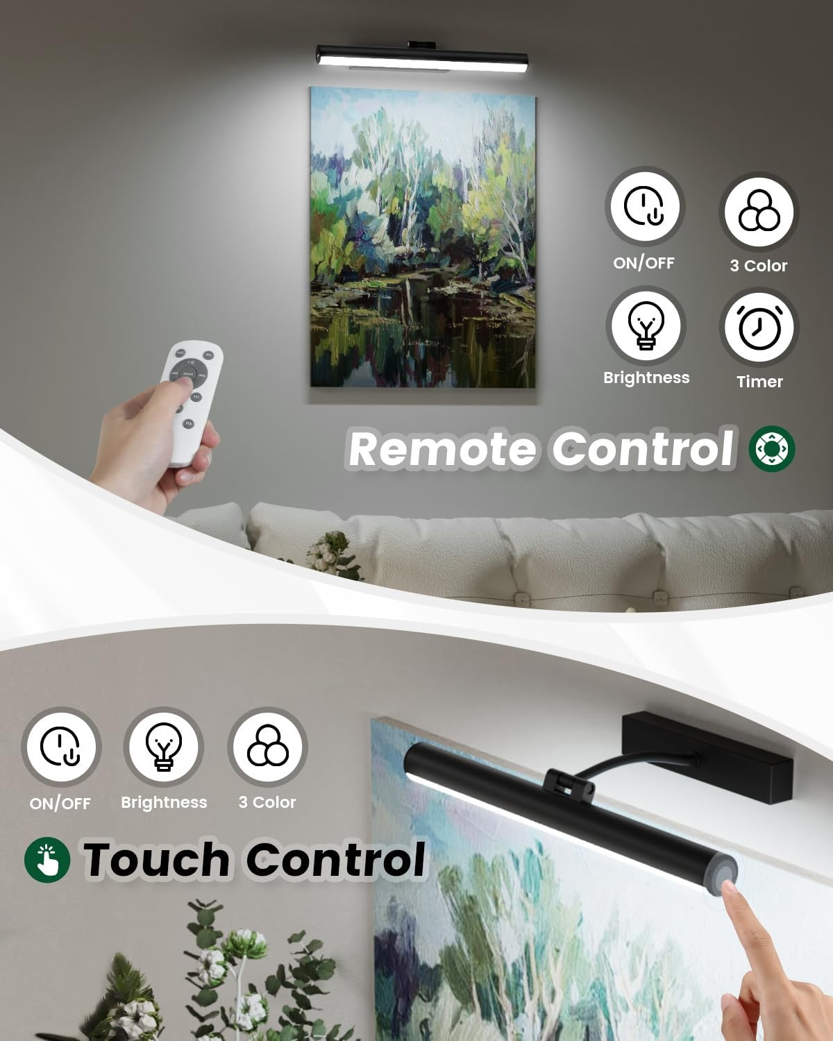 Bridika battery-operated wall picture light with remote, featuring three color modes and adjustable brightness for art display.