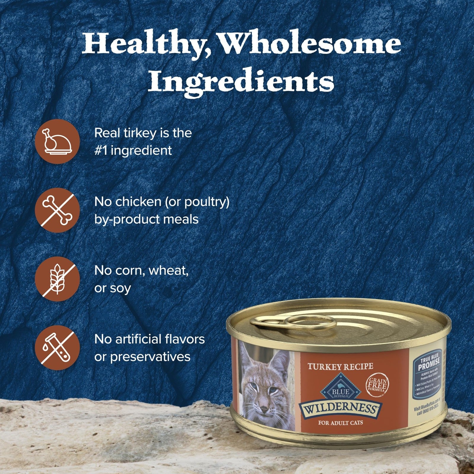 Blue Buffalo Wilderness grain-free wet cat food for adults, turkey flavor, in a can with colorful labeling and creamy texture.