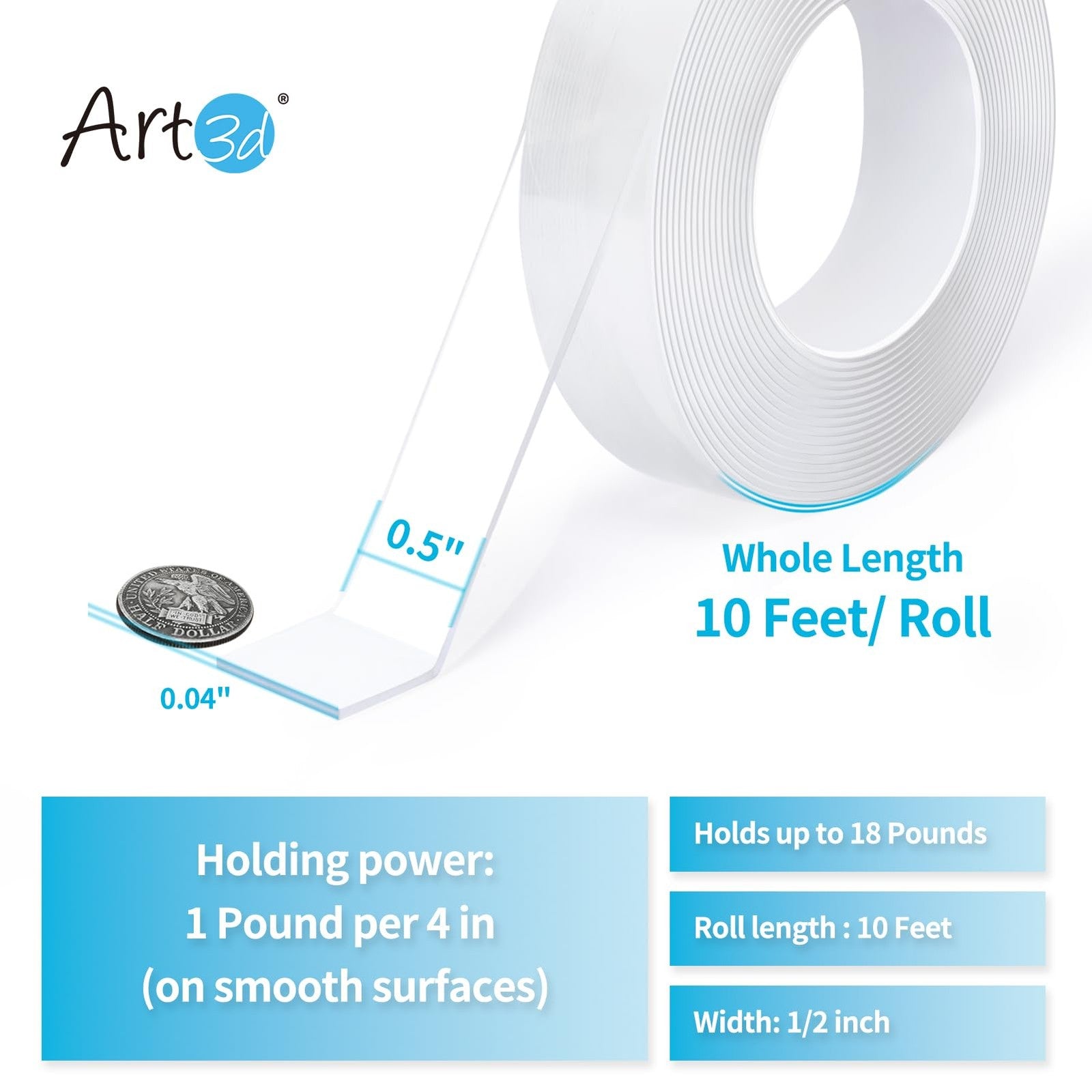 Art3d double-sided mounting tape, 10ft, removable and reusable, shown applied to wall for damage-free mounting.