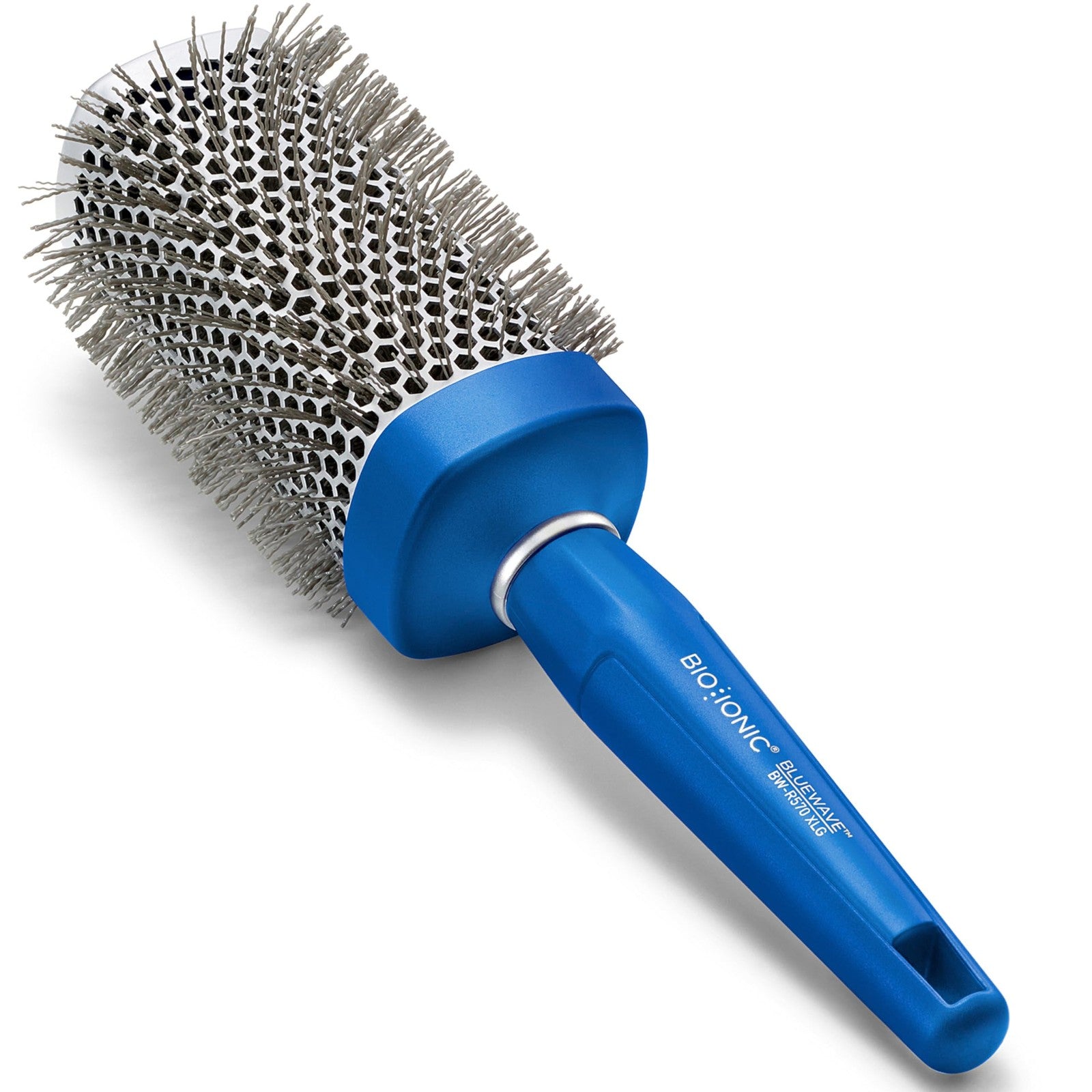 BIO IONIC Bluewave Nanoionic Conditioning Brush, X Large, with blue handle and bristles for gentle hair styling and conditioning.