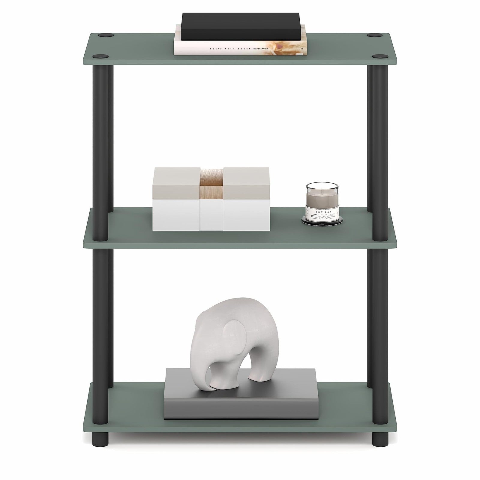 Furinno Turn-N-Tube 3-tier corner storage shelf with open shelves and black finish, easy to assemble and versatile for home use.
