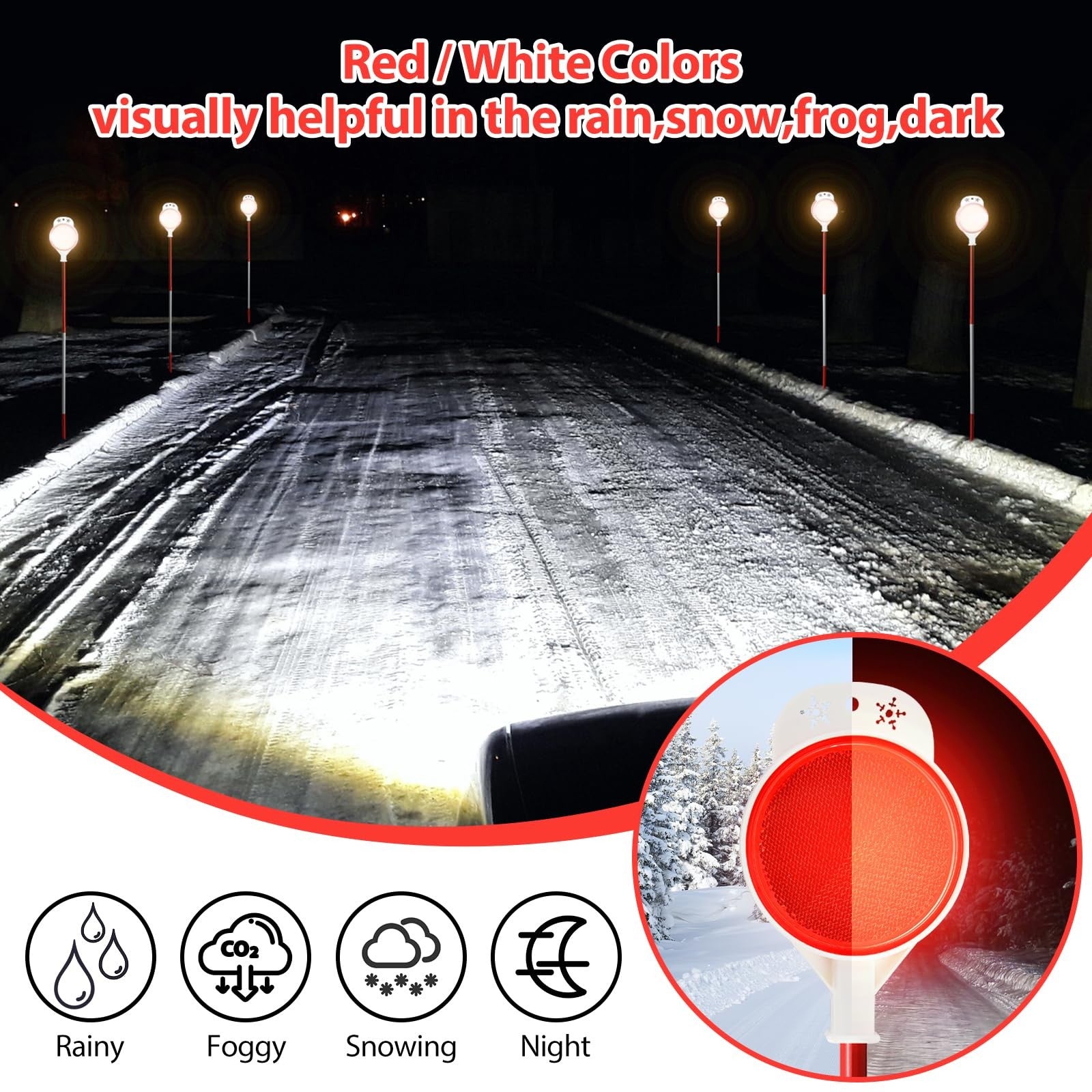 Set of eight DEROFIT driveway markers with 50-inch reflective snow stakes and installation bit for high visibility and easy setup.