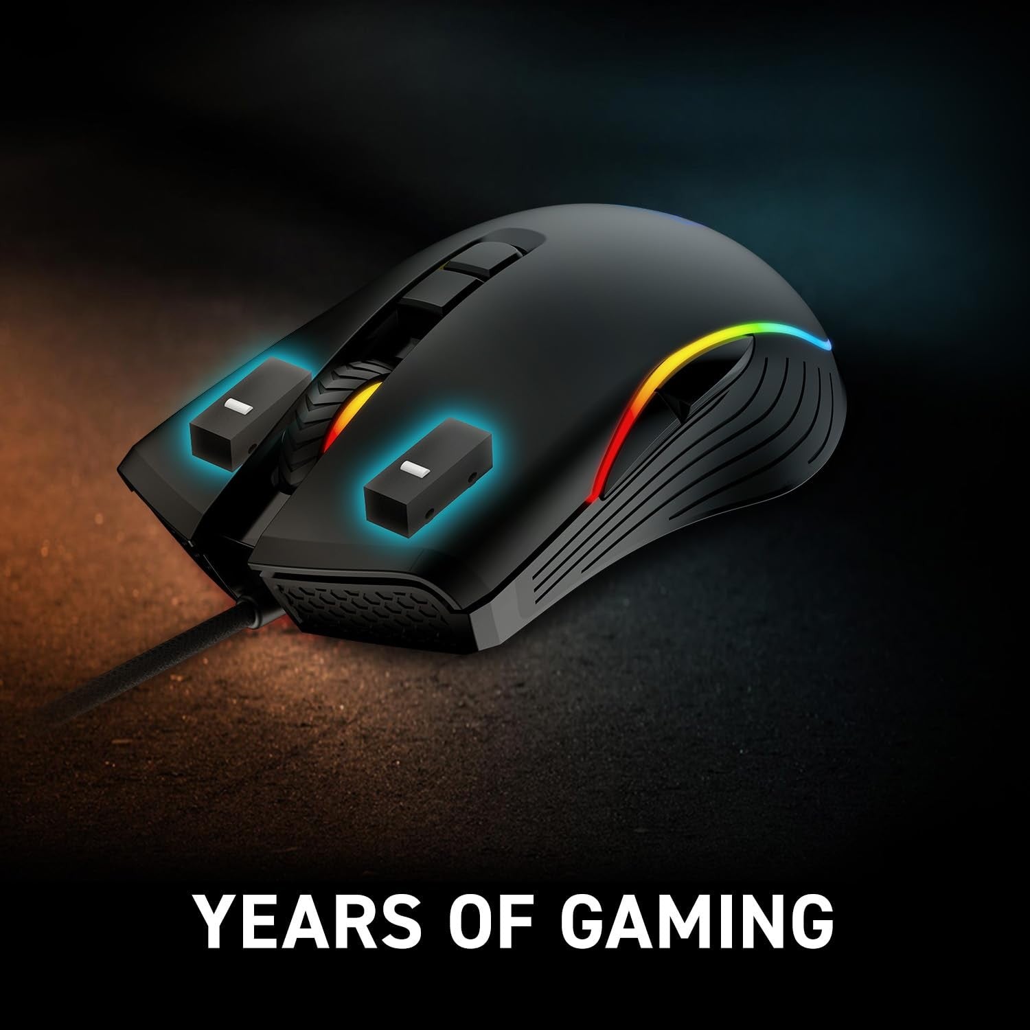 MSI Forge GM300 gaming mouse with RGB lighting, USB connection, lightweight design, and adjustable up to 7200 DPI.
