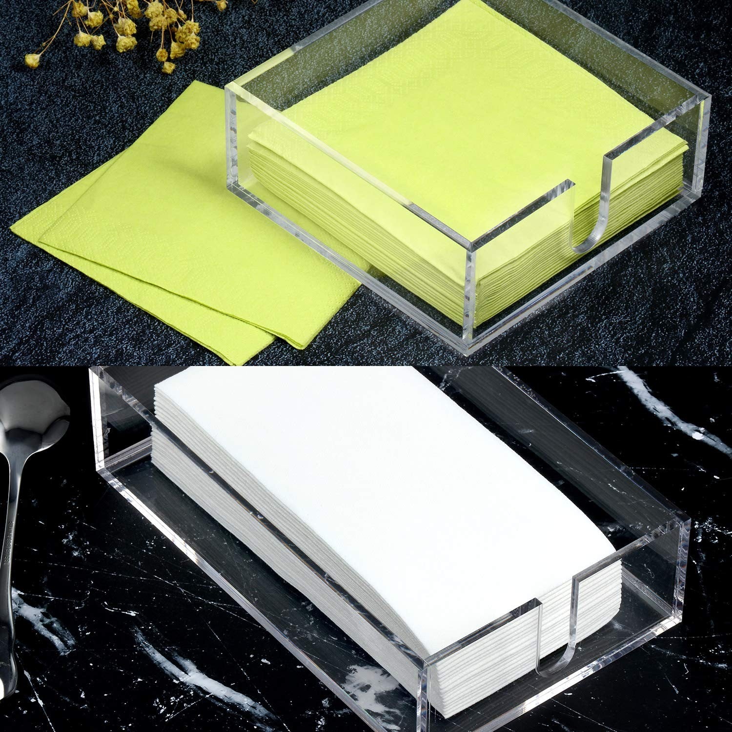 Clear acrylic Boao cocktail napkin holder on a table, designed for holding beverages napkins in a stylish and organized manner.