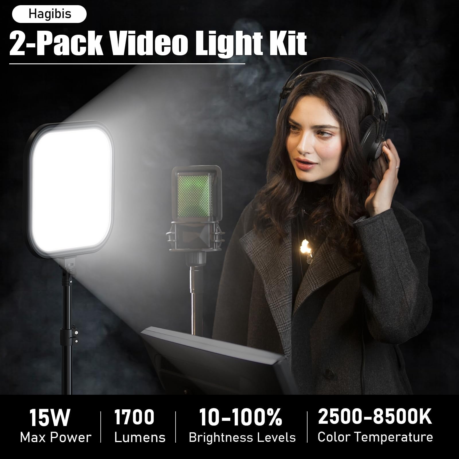 Hagibis 2-pack LED video lights with 15W dimmable studio lighting kit and 78-inch stands for photography and videography.