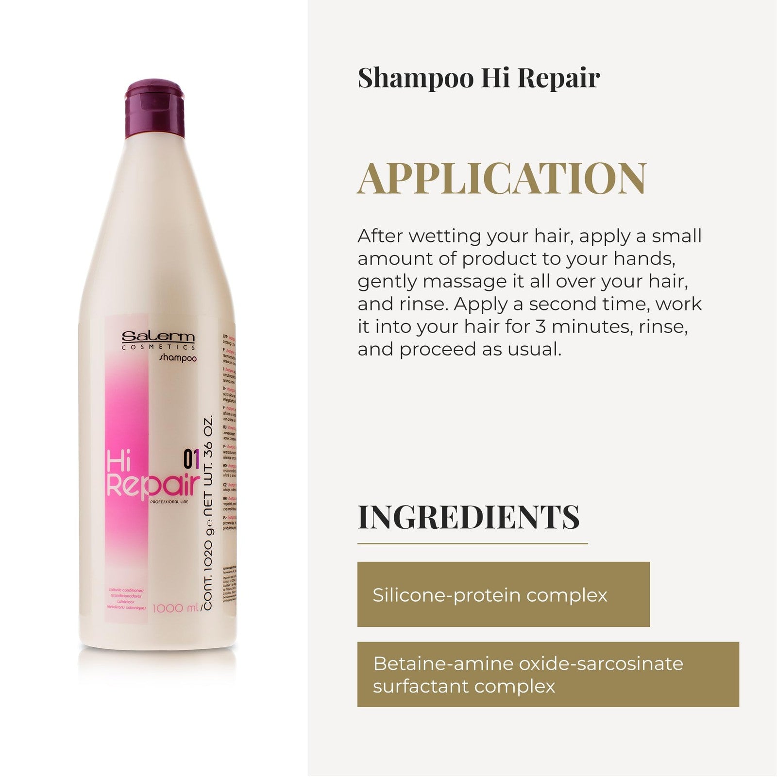 SALERM Hi Repair Shampoo 1000 ml bottle, deep hydrating repairing shampoo for damaged hair, natural hair care product.