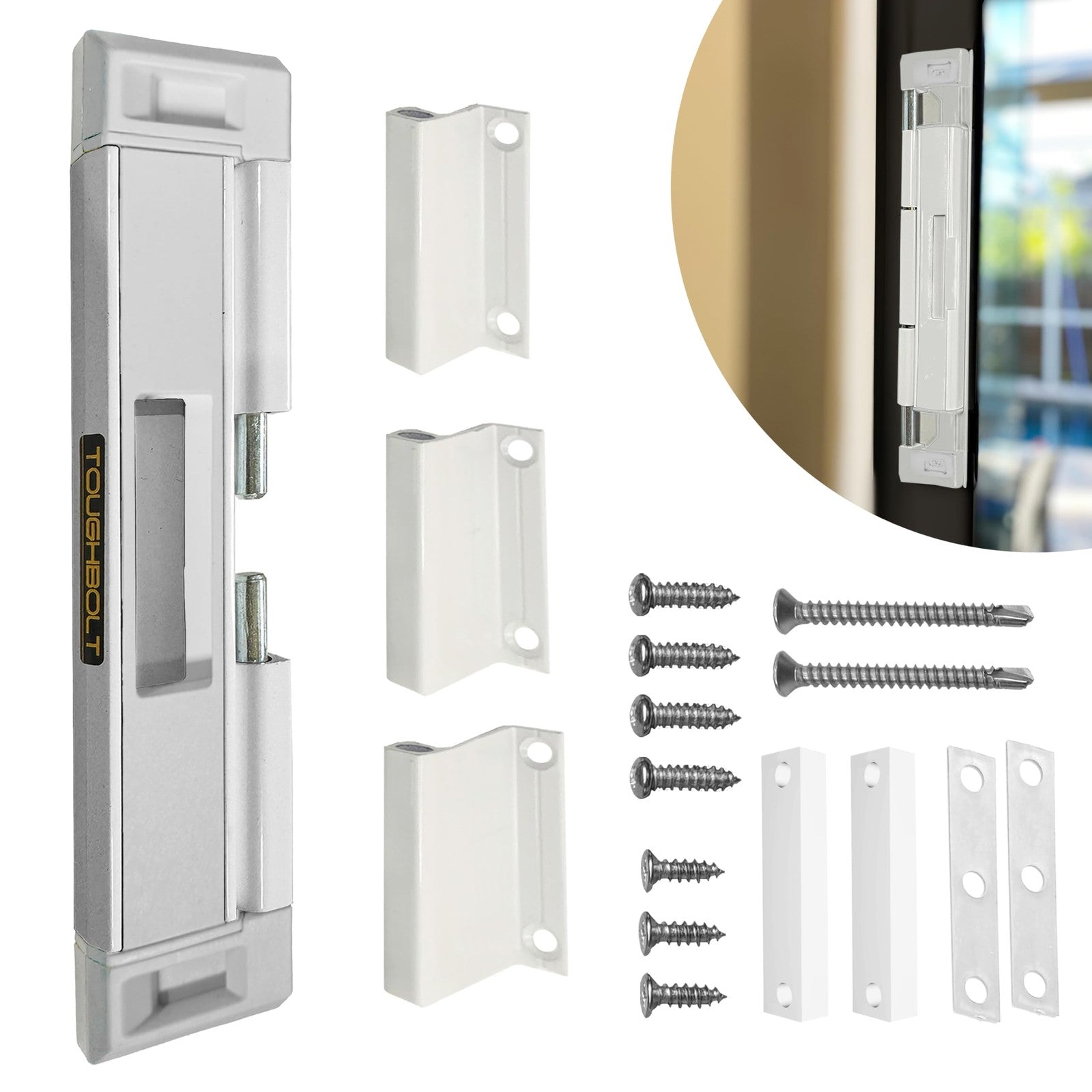 TOUGHBOLT sliding door lock with double deadbolt, child safety feature, and three-receive design, installed on a glass door.