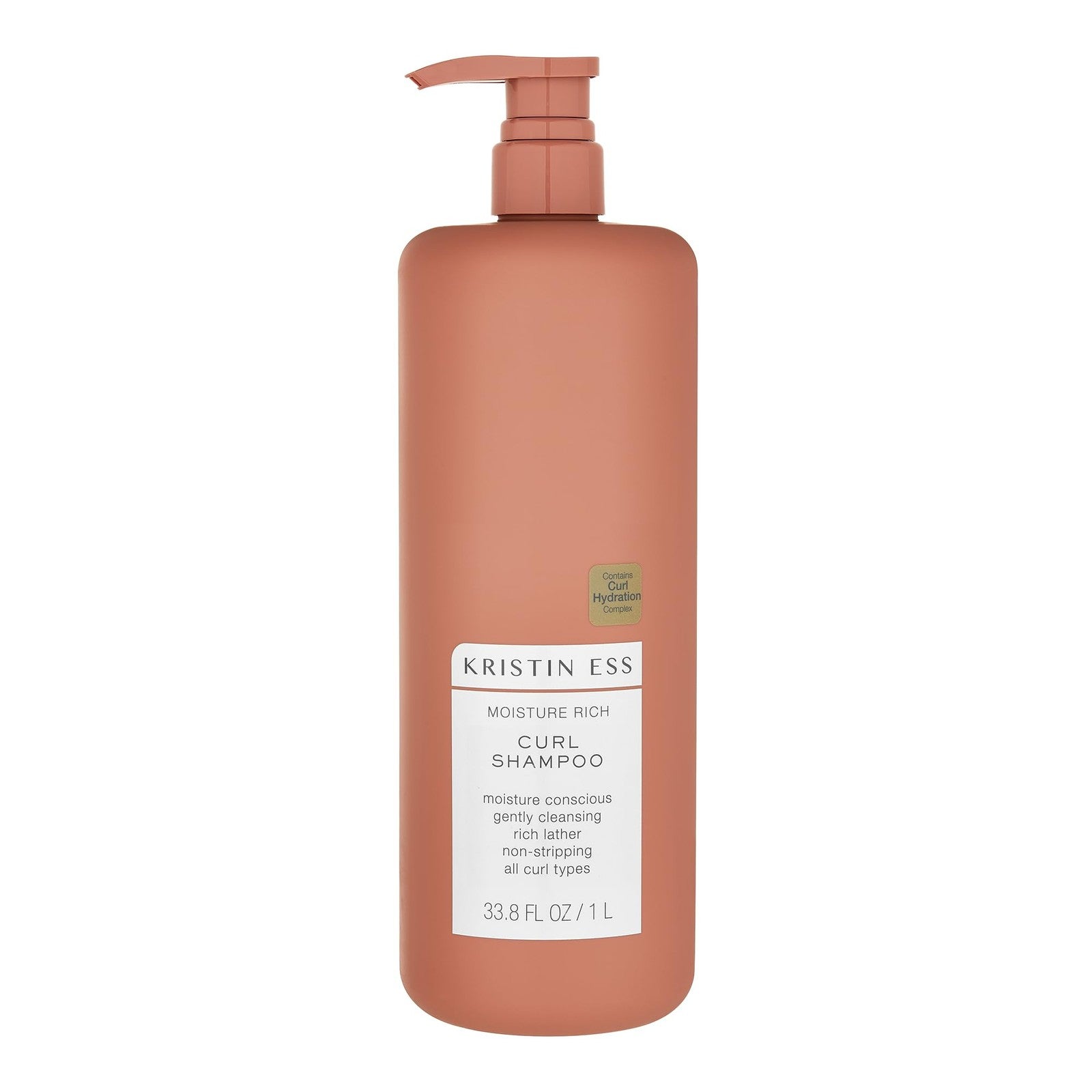 Kristin Ess Moisture Rich Curl Shampoo for wavy to tight curls, 2A-4C, in a light-colored bottle with a pump dispenser.