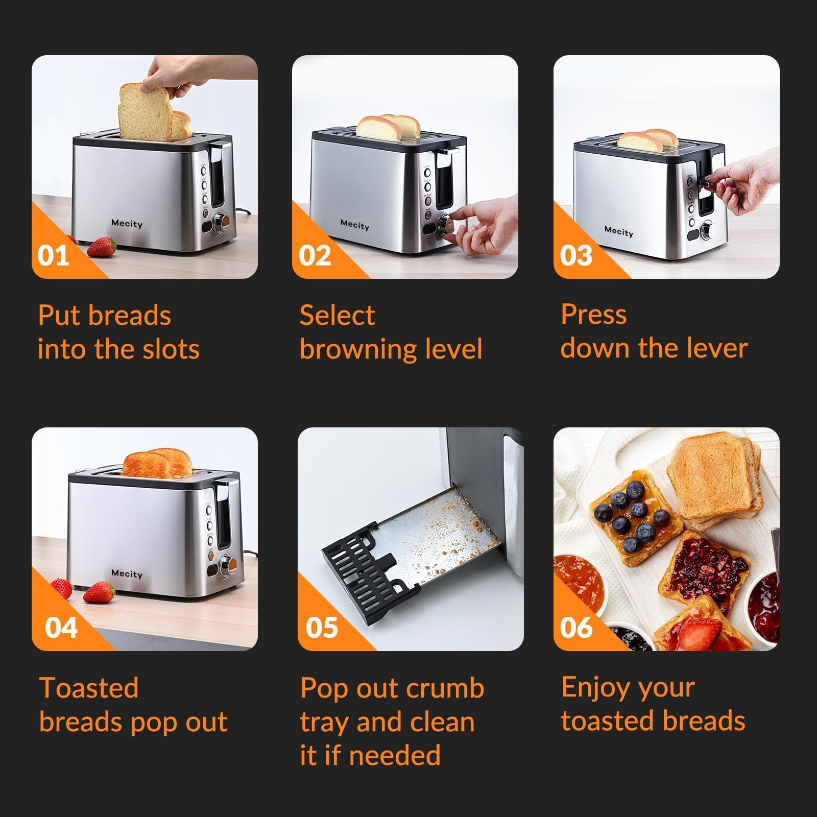 Mecity 2-slice stainless steel toaster with timer, bagel, defrost, reheat, and cancel buttons on a modern kitchen countertop.