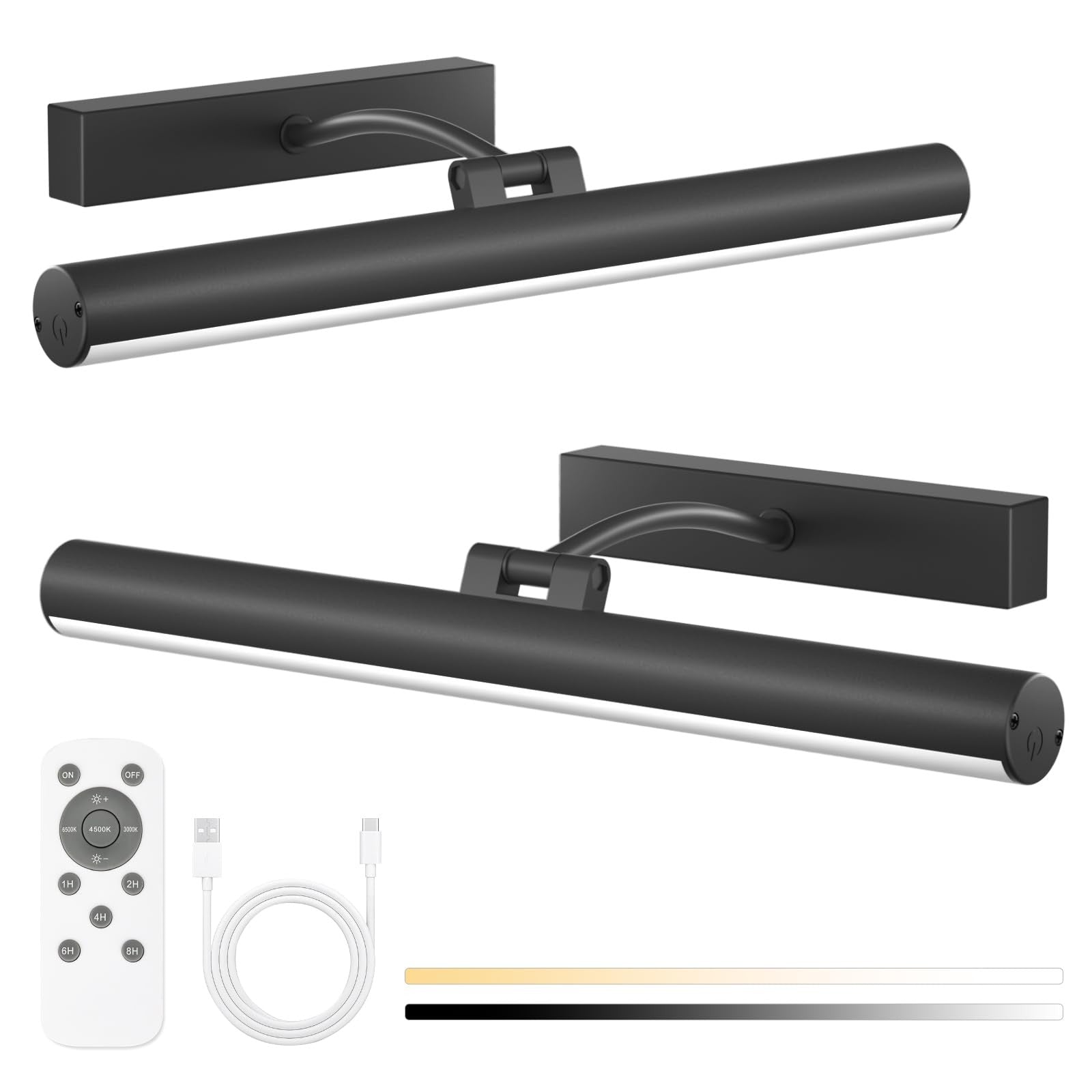 Bridika battery-operated picture light with remote control, featuring 3 color modes, mounted on a wall illuminating artwork.