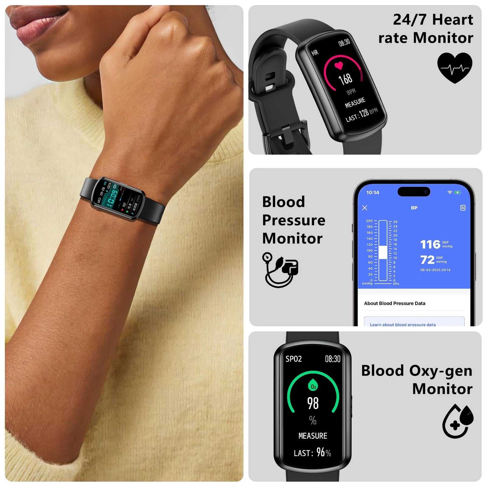 JYUAJOI health fitness tracker smart watch displaying heart rate and blood pressure readings on its screen.