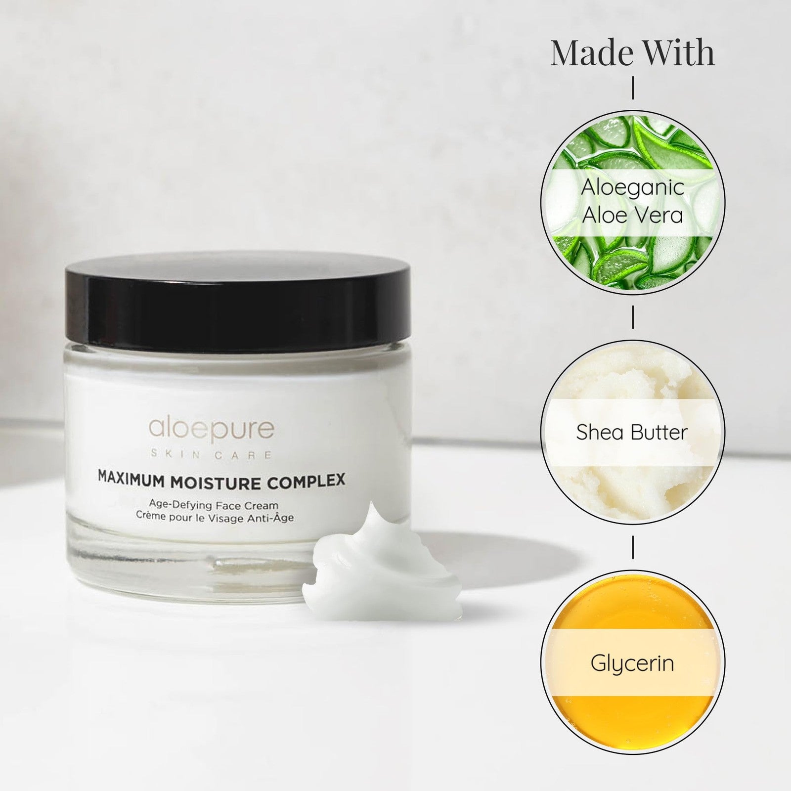 Aloette Maximum Moisture anti-aging face cream jar, age defying and anti-wrinkle facial moisturizer showing the product packaging.