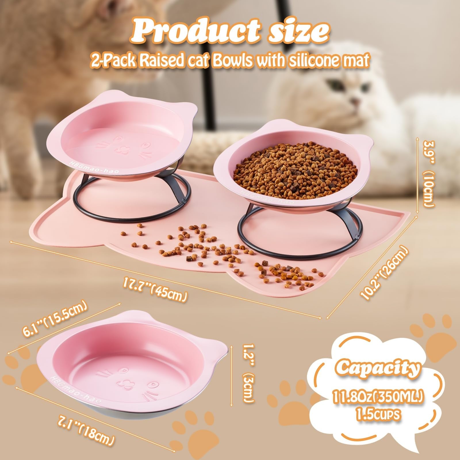 HBGmao-hao elevated stainless steel cat bowls with food mat and metal stand, 7.1 inches wide, designed for easy feeding.