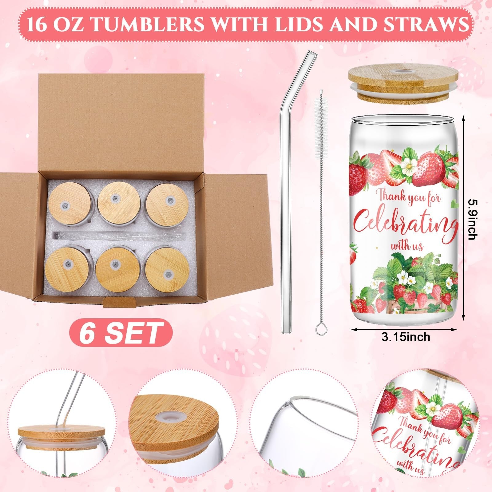 Six Boao baby shower game prizes featuring colorful tumblers with lids and straws, arranged on a white background.