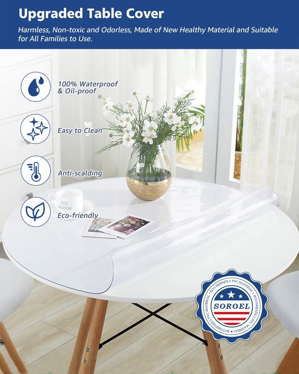 Soroel 24-inch round clear waterproof dining room table cover with easy-to-clean surface, designed to protect and enhance table appearance.