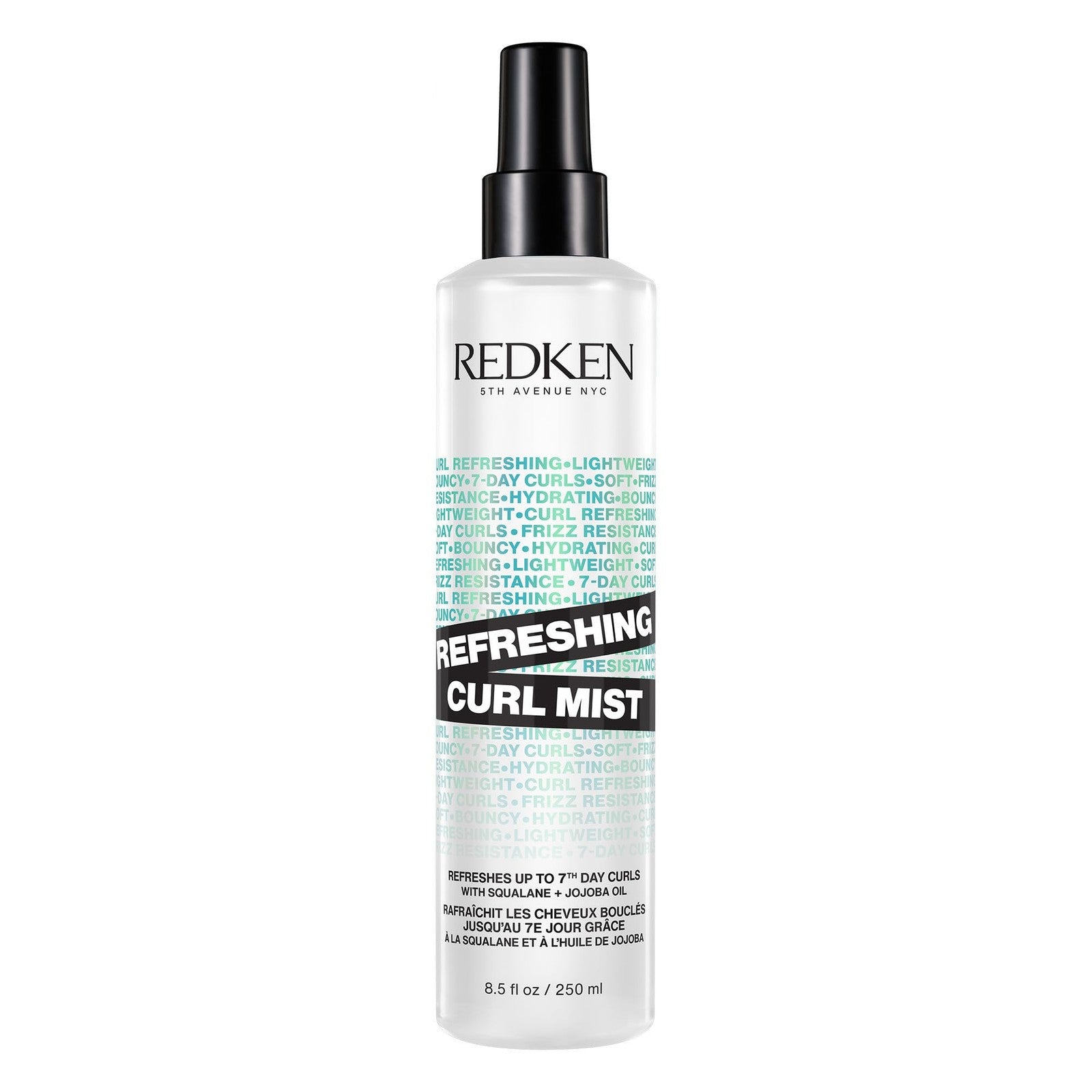 Redken Curl Refreshing Spray for curly and coily hair, displaying the spray bottle with red and black design and curly hair background.