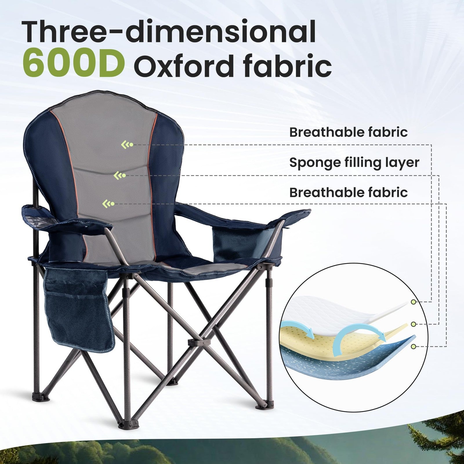 Foristrail oversized camping chair, heavy-duty portable folding chair with cup holder, black and sturdy for outdoor use