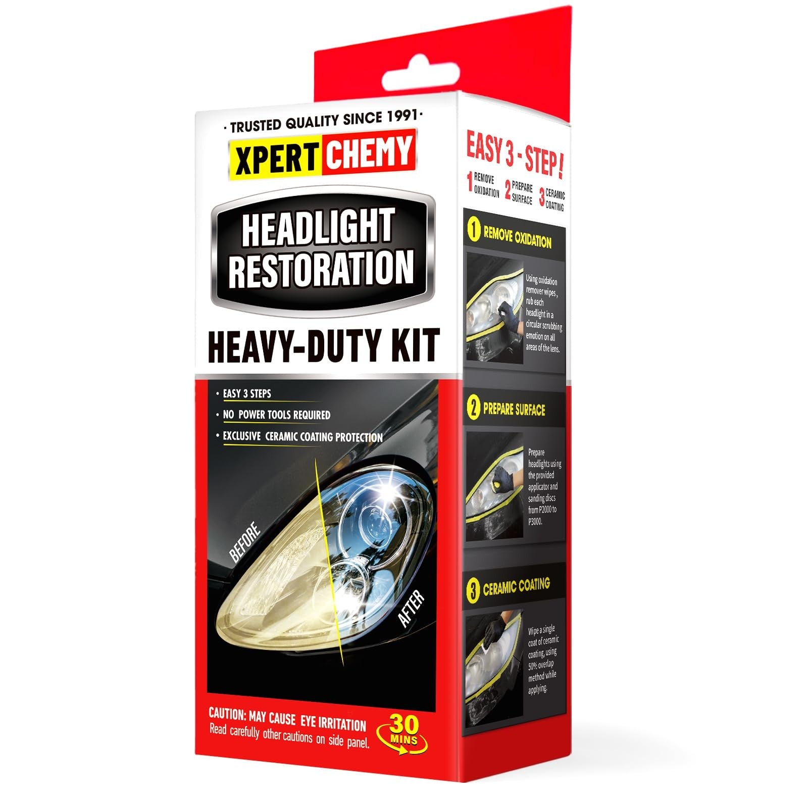 XPERTCHEMY Headlight Restoration Kit with yellowing and clouding remover, showing a clear, restored car headlight in the image.