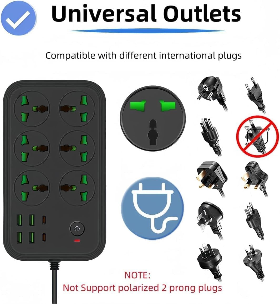 COOFINE 12-in-1 flat plug power strip with 6 outlets, 4 USB-A, 2 USB-C ports and extension cord for versatile charging and power.