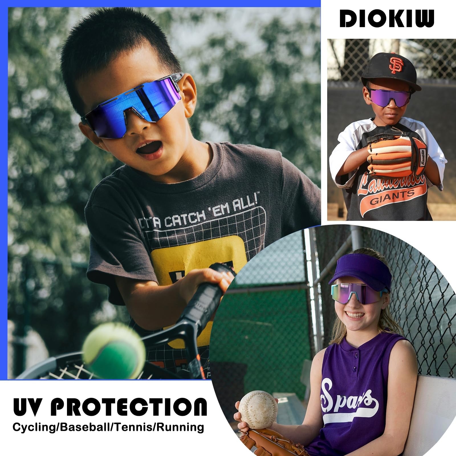 DioKiw 4-pack kids polarized sunglasses with colorful frames, suitable for boys and girls, ideal for baseball and outdoor activities.
