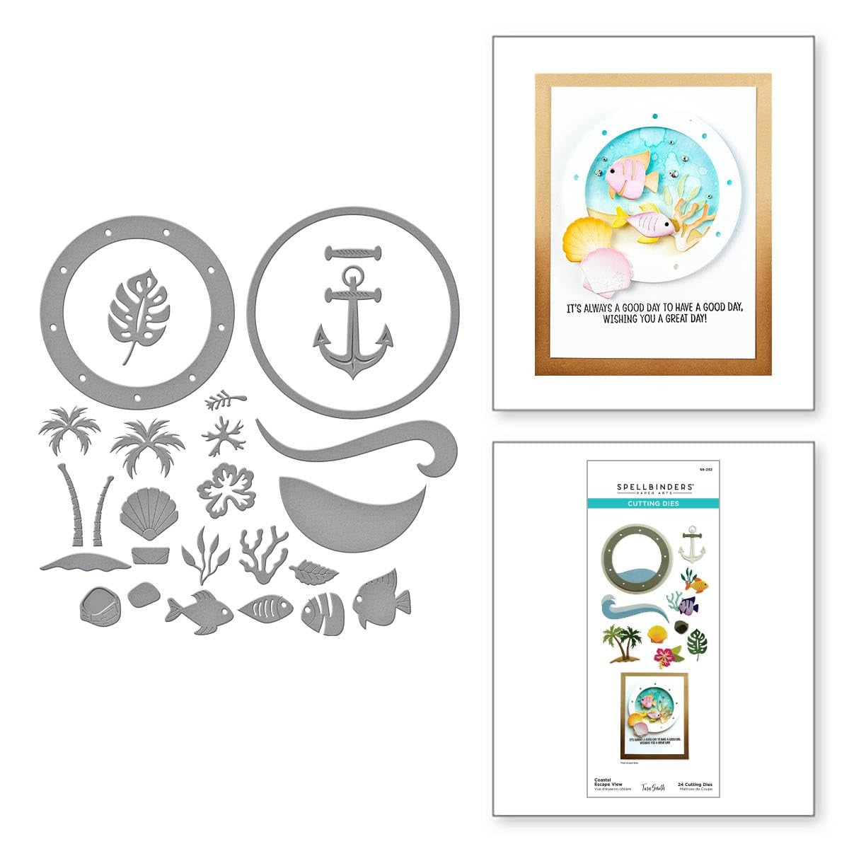 Spellbinders Coastal Escape View etched dies from the Windows with a View collection, featuring intricate seaside scenery design.