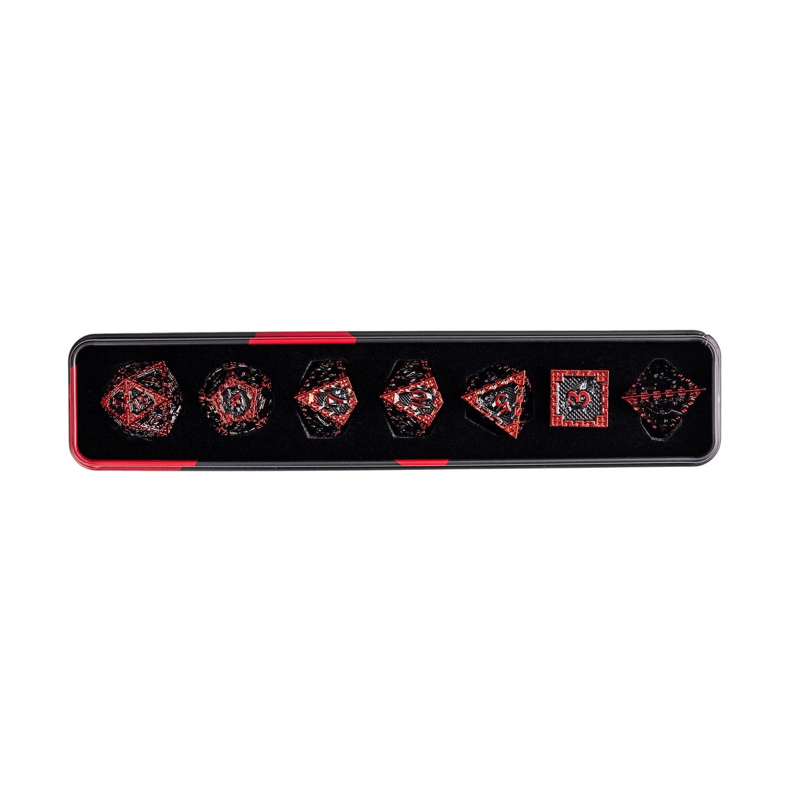 UDIXI metal DND dice set with seven polyhedral metallic dice featuring a dragon design for tabletop role-playing games.