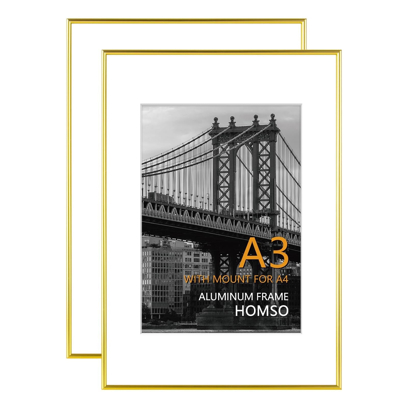 Homso gold A3 picture frame set with thin metal borders and acrylic plex cover, perfect for displaying artwork or photos.